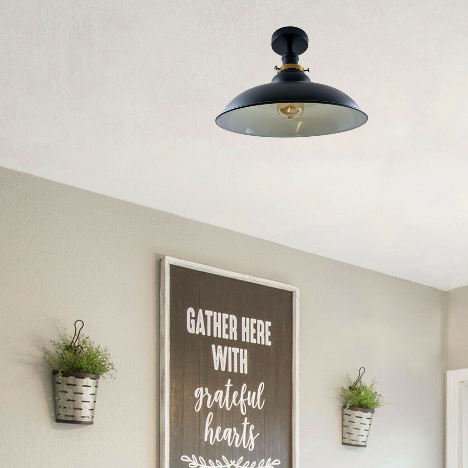Antique style semi flush mount ceiling lamp with a metal finish, showcasing its elegant design and available colors.