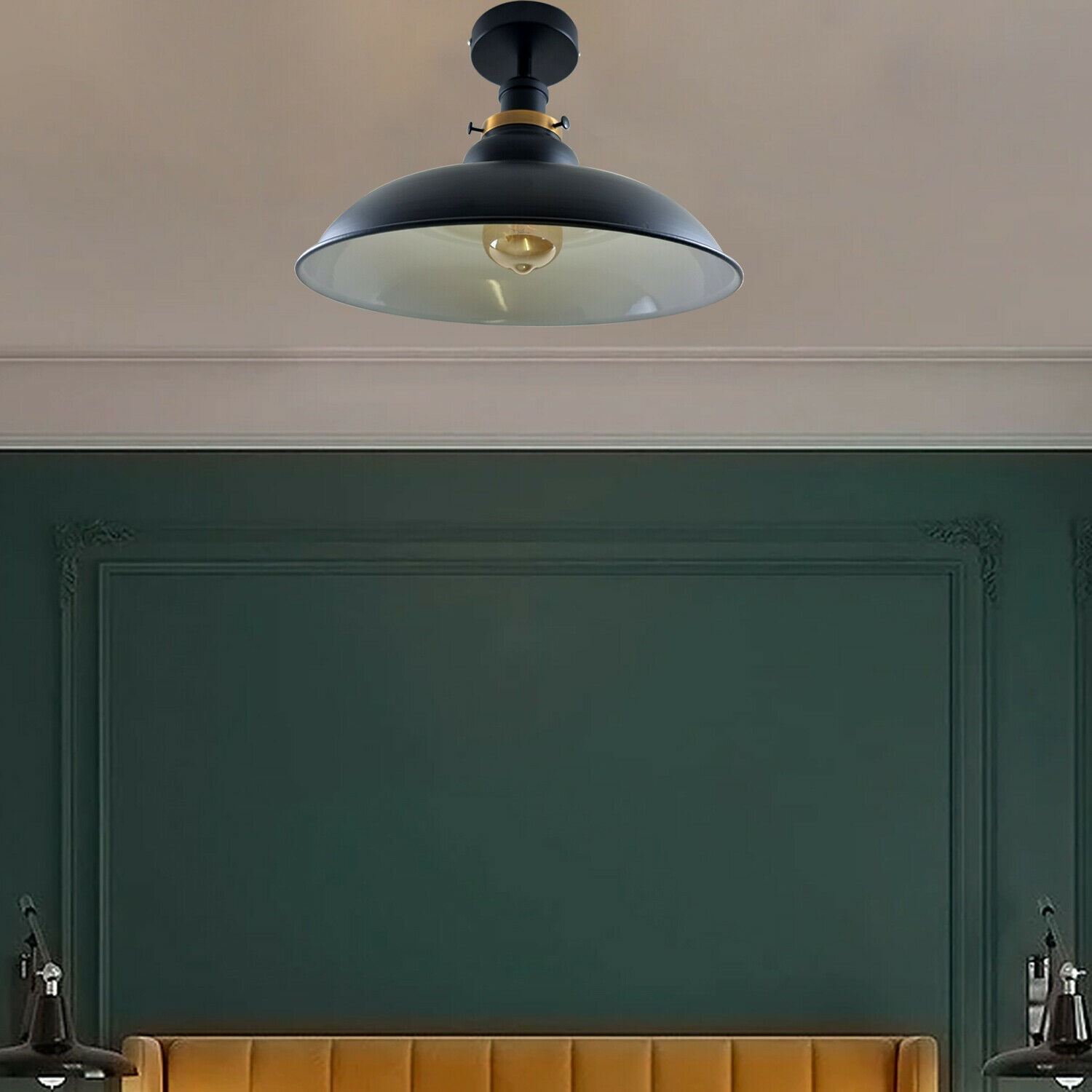 Antique style semi flush mount ceiling lamp with a metal finish, showcasing its elegant design and available colors.