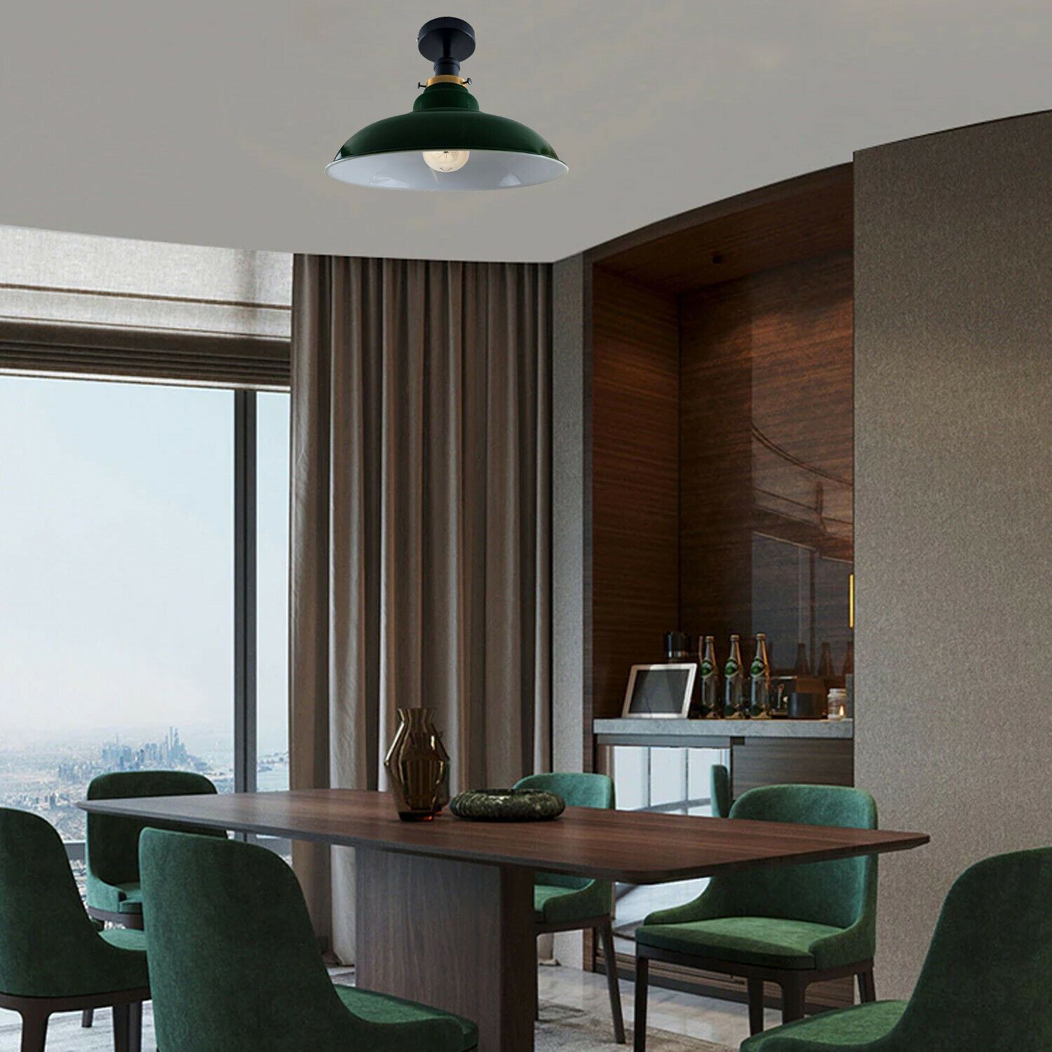 Antique style semi flush mount ceiling lamp with a metal finish, showcasing its elegant design and available colors.