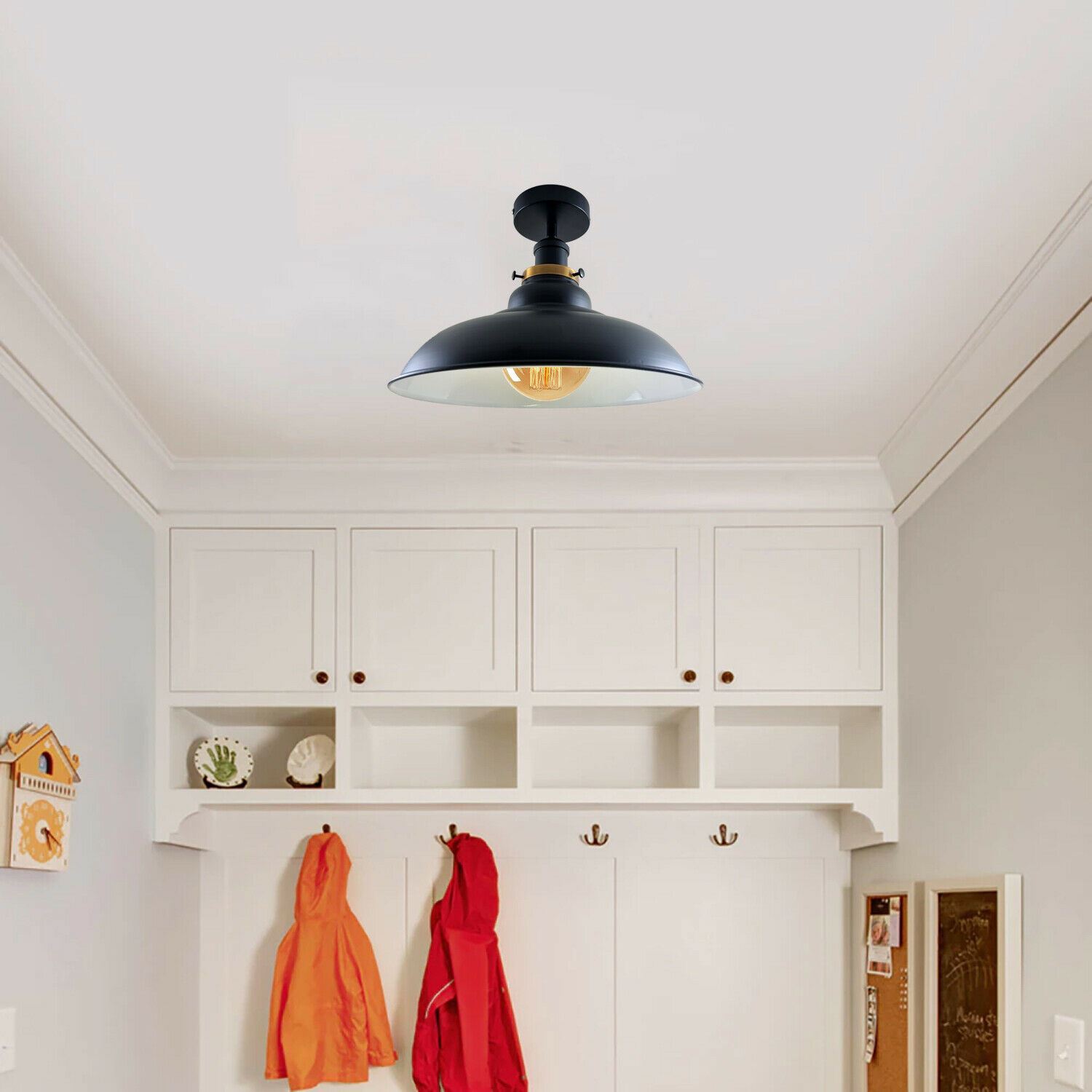 Antique style semi flush mount ceiling lamp with a metal finish, showcasing its elegant design and available colors.