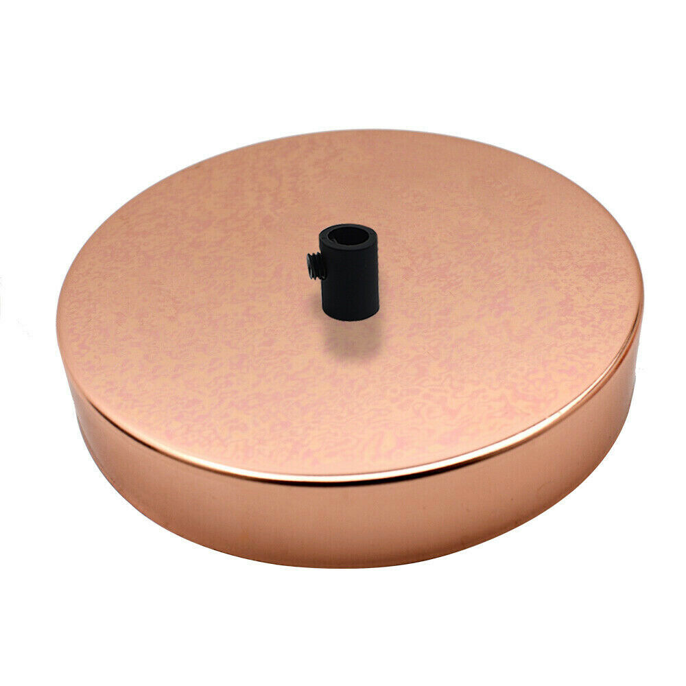 Single Outlet Rose Gold Metal Ceiling Rose with black cord grip, showcasing its elegant design and dimensions.