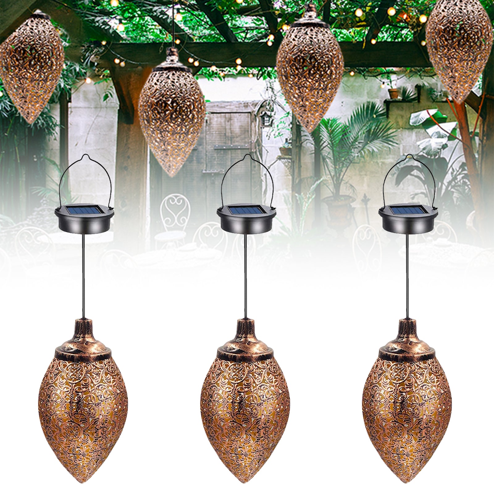 A beautiful solar light LED lantern garland hanging outdoors, showcasing its warm white glow and waterproof design, perfect for garden decoration.