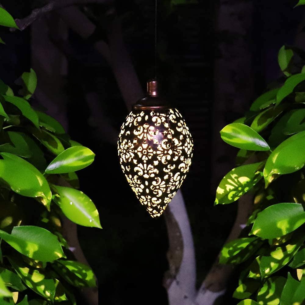 A beautiful solar light LED lantern garland hanging outdoors, showcasing its warm white glow and waterproof design, perfect for garden decoration.