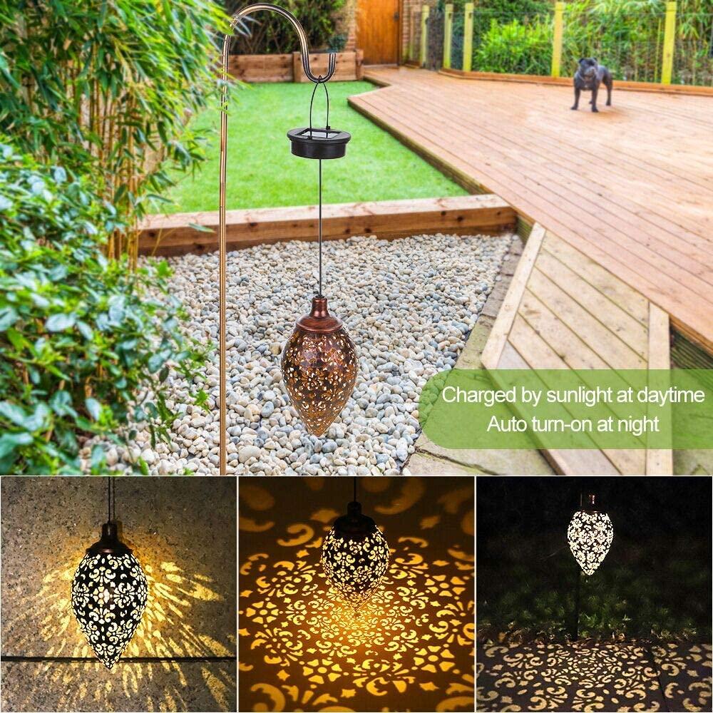 A beautiful solar light LED lantern garland hanging outdoors, showcasing its warm white glow and waterproof design, perfect for garden decoration.