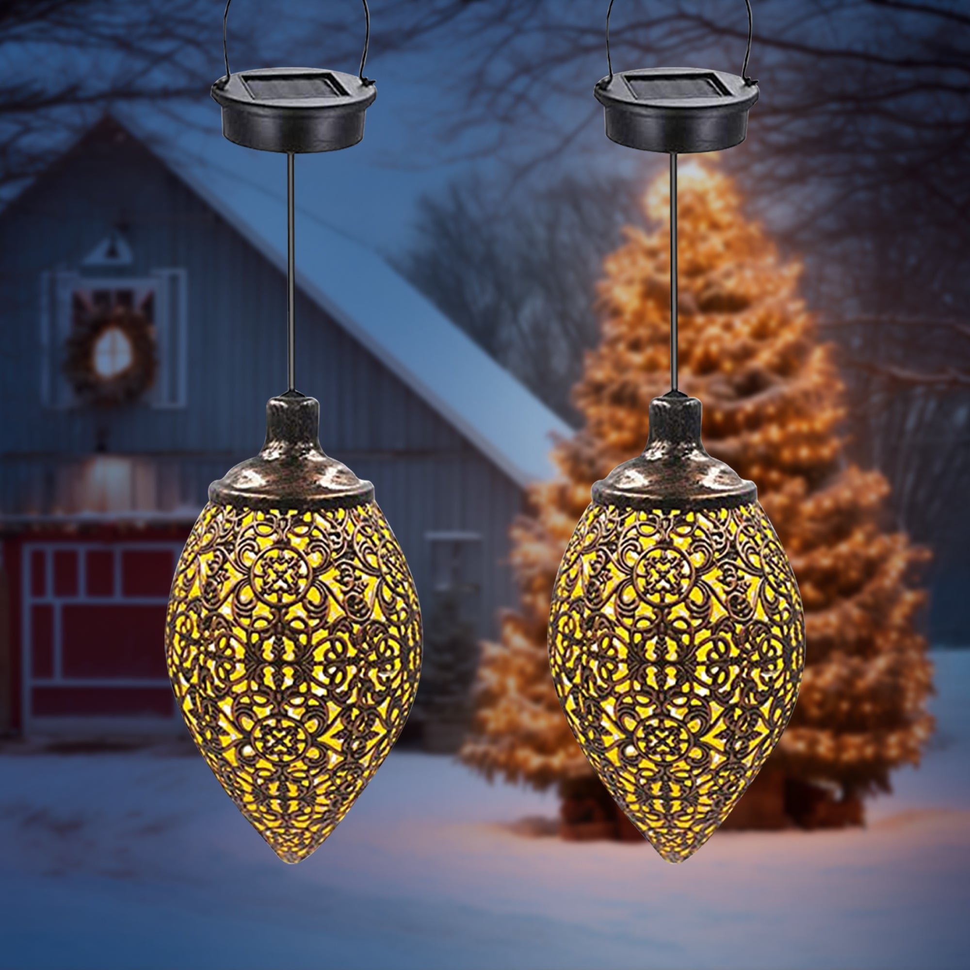 A beautiful solar light LED lantern garland hanging outdoors, showcasing its warm white glow and waterproof design, perfect for garden decoration.