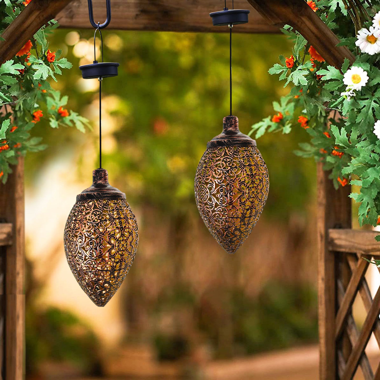 A beautiful solar light LED lantern garland hanging outdoors, showcasing its warm white glow and waterproof design, perfect for garden decoration.