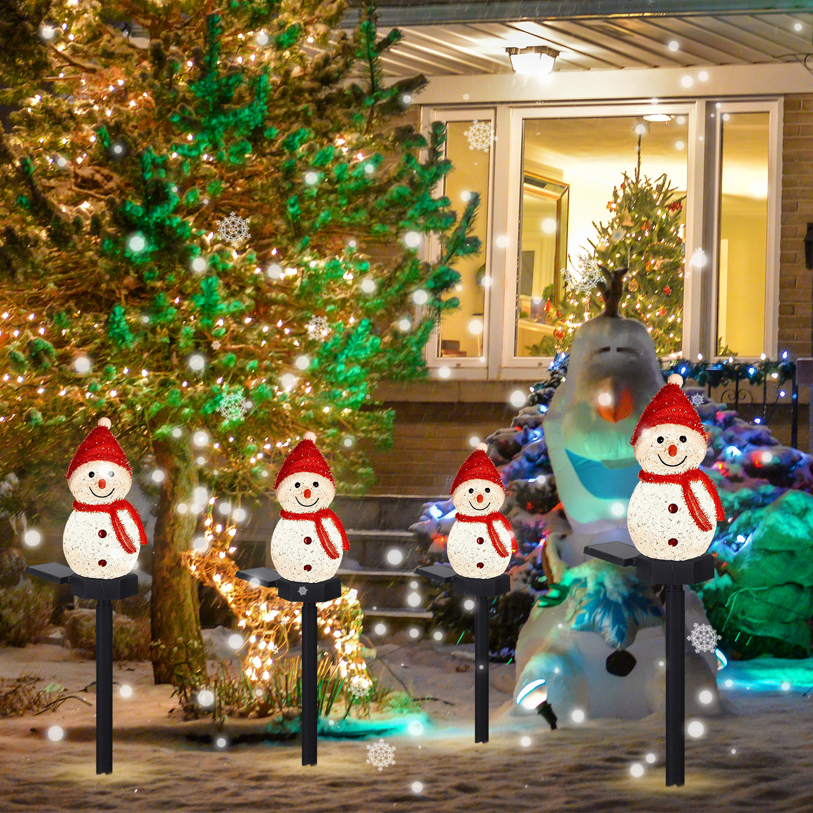 A charming solar-powered snowman decoration light for outdoor use, featuring a cute design and vibrant red color, perfect for festive occasions.
