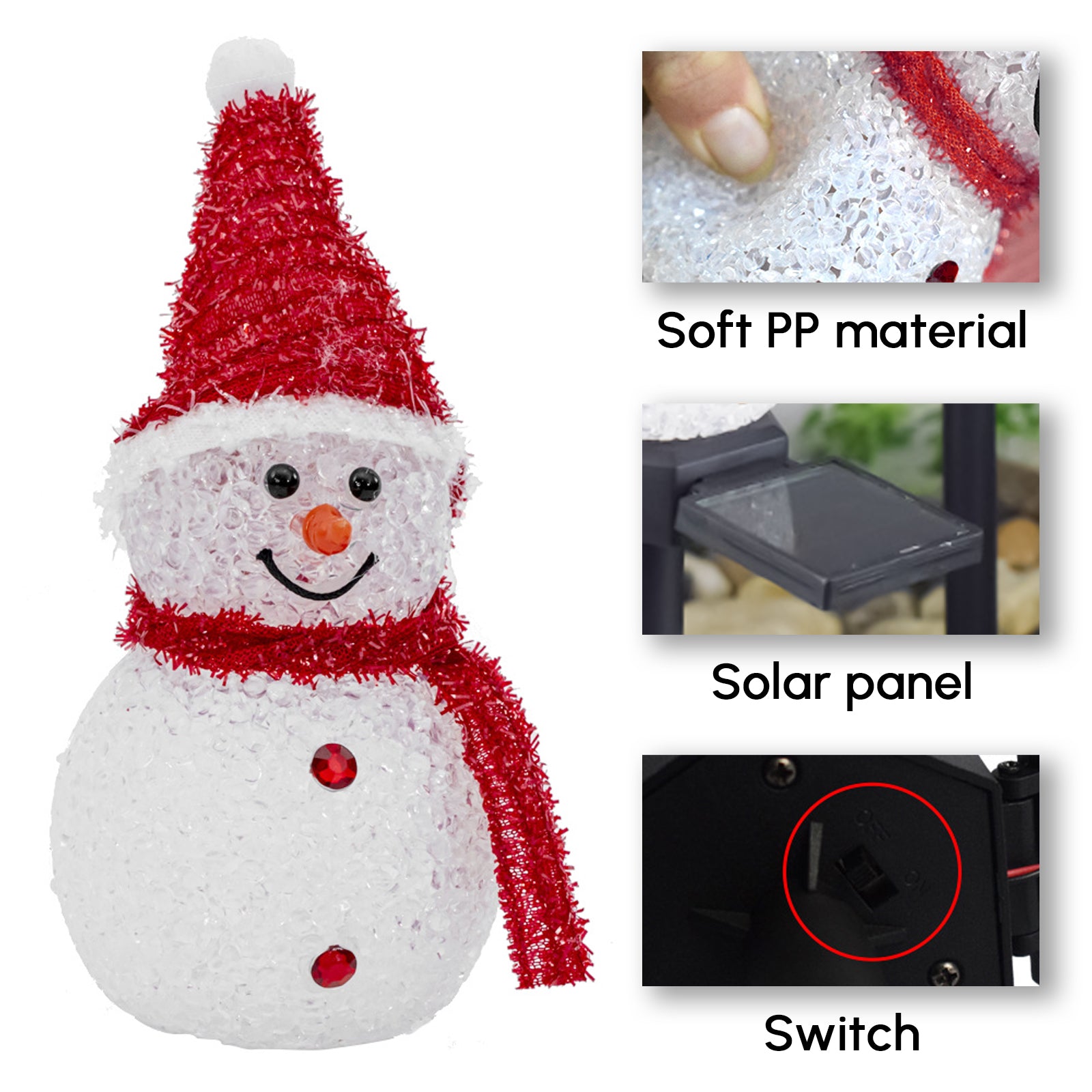 A charming solar-powered snowman decoration light for outdoor use, featuring a cute design and vibrant red color, perfect for festive occasions.