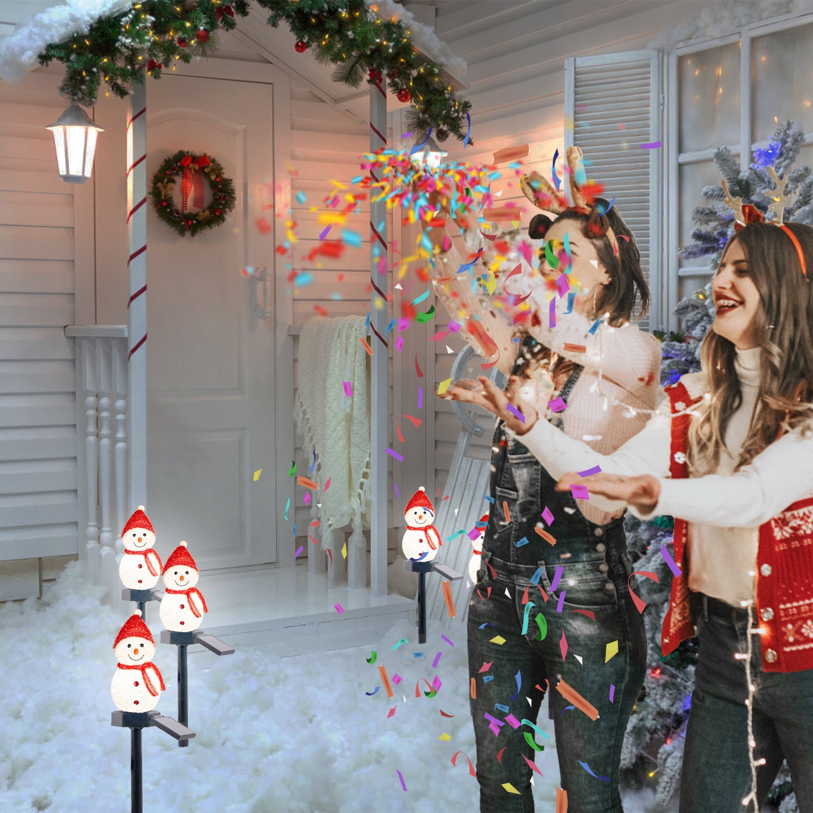 A charming solar-powered snowman decoration light for outdoor use, featuring a cute design and vibrant red color, perfect for festive occasions.