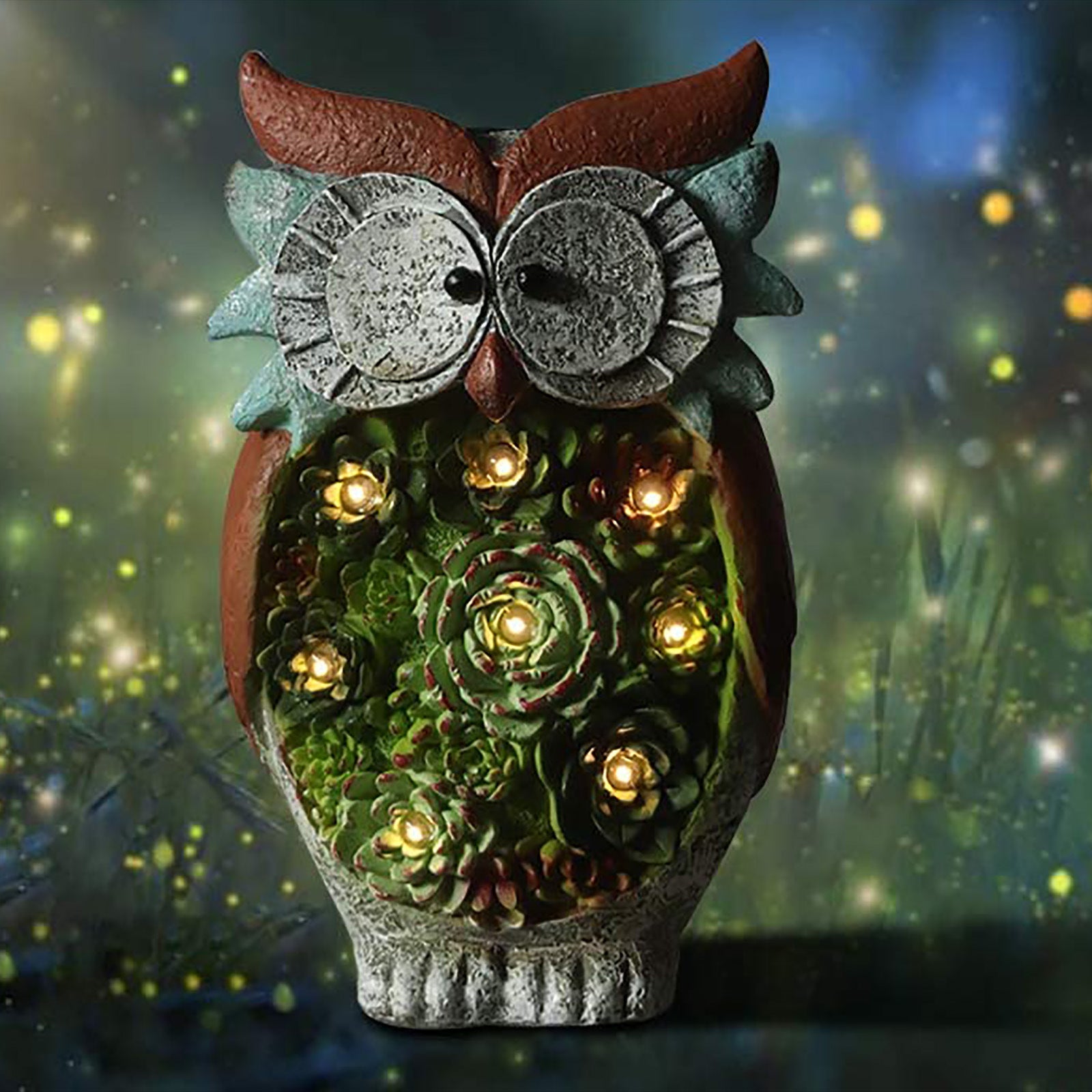 A charming Solar Owl LED Light made of durable resin, designed for outdoor decoration, showcasing its intricate owl design and solar panel.