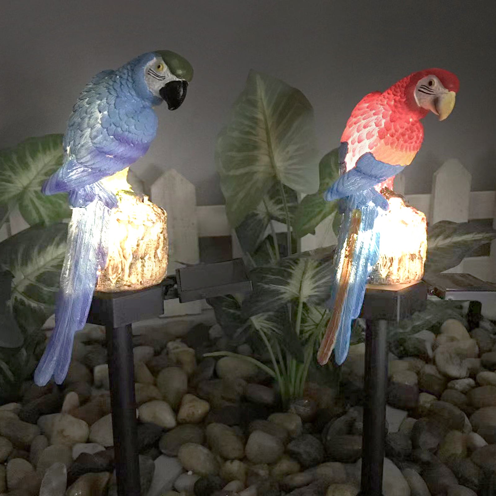 Solar Parrot Garden Light featuring a vibrant parrot sculpture with LED light, perfect for outdoor decor.
