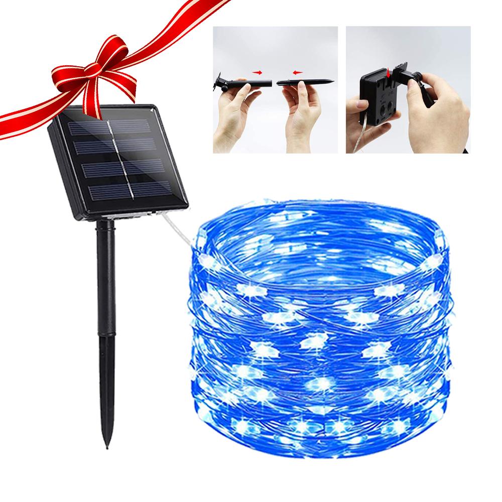 Solar Powered String Lights featuring flexible copper wire, waterproof design, and 200 LEDs, perfect for indoor and outdoor decoration.