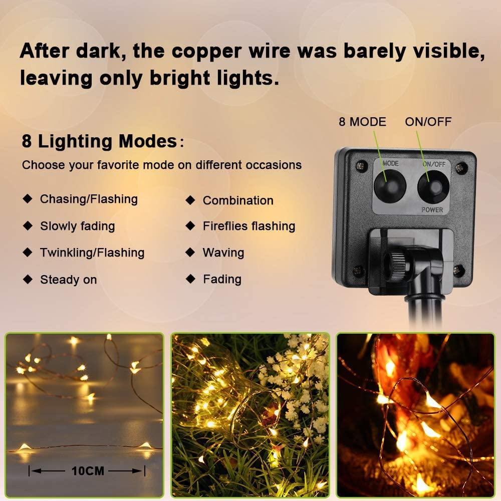 Solar Powered String Lights featuring flexible copper wire, waterproof design, and 200 LEDs, perfect for indoor and outdoor decoration.