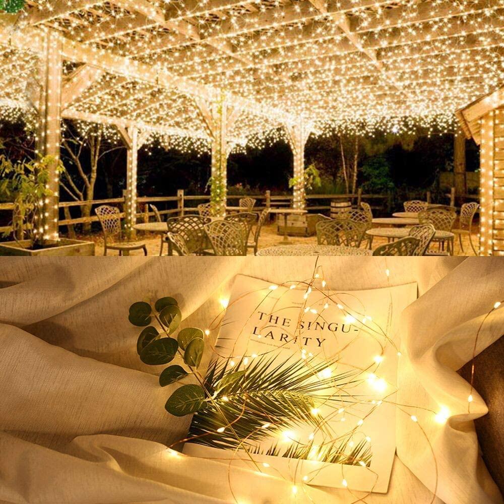 Solar Powered String Lights featuring flexible copper wire, waterproof design, and 200 LEDs, perfect for indoor and outdoor decoration.