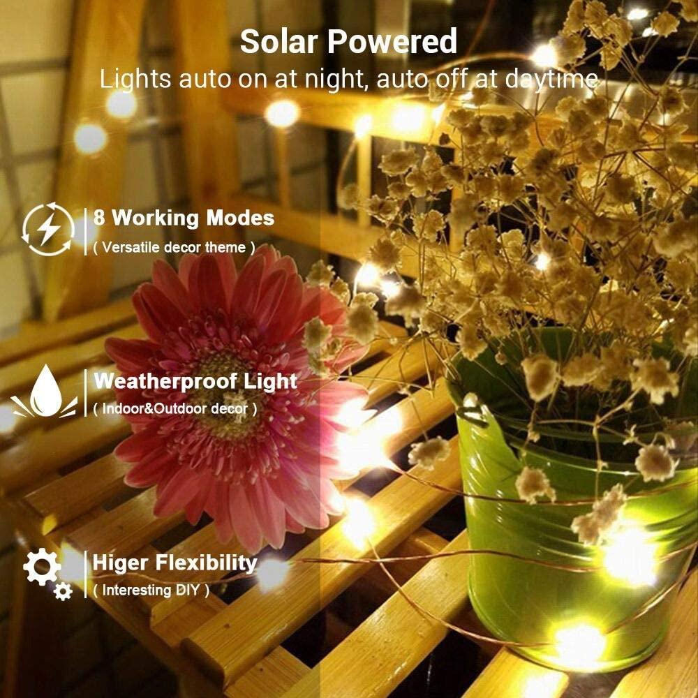 Solar Powered String Lights featuring flexible copper wire, waterproof design, and 200 LEDs, perfect for indoor and outdoor decoration.