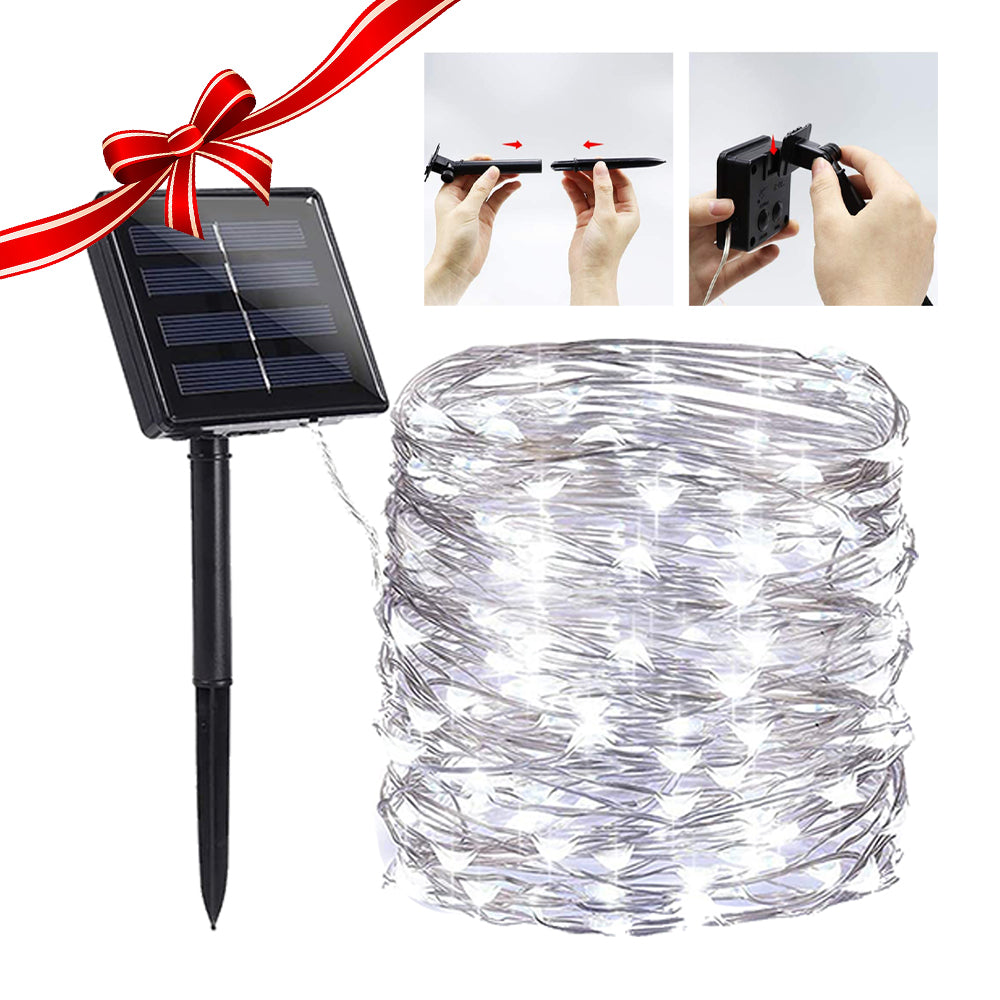 Solar Powered String Lights featuring flexible copper wire, waterproof design, and 200 LEDs, perfect for indoor and outdoor decoration.
