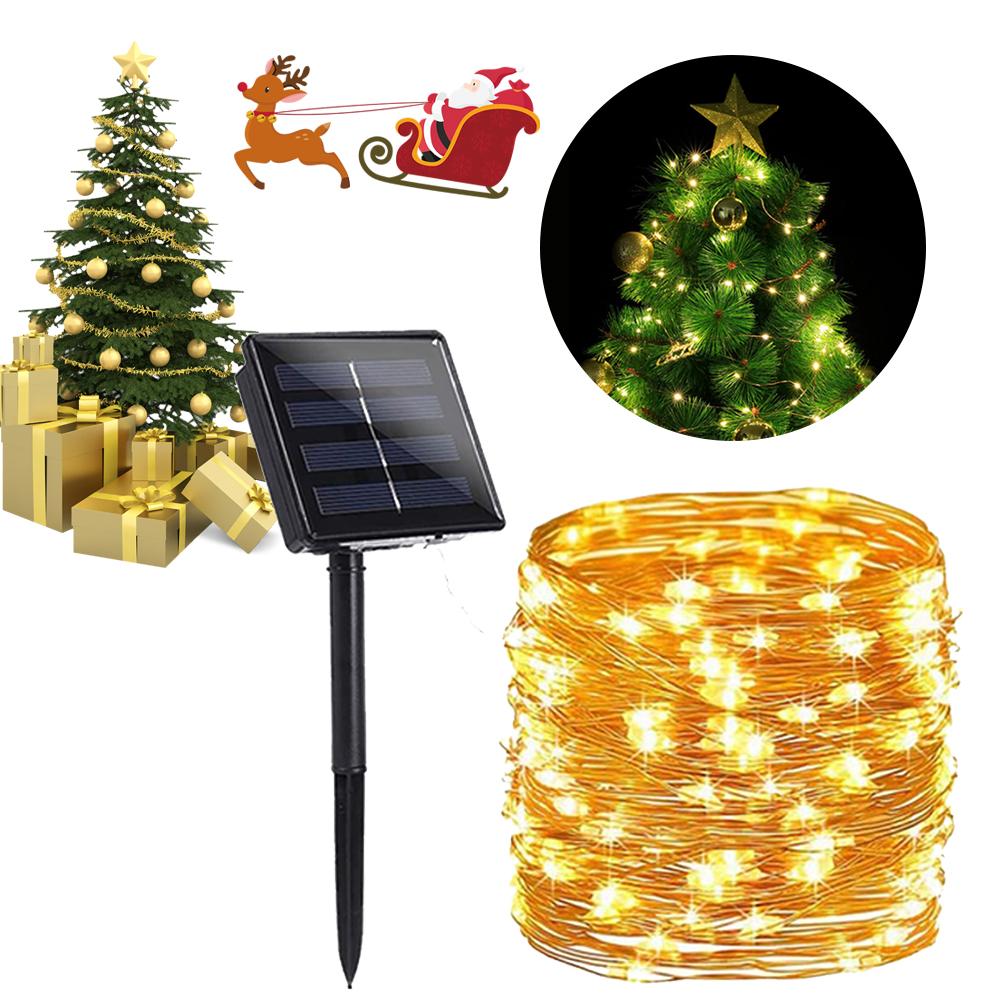 Solar Powered String Lights featuring flexible copper wire, waterproof design, and 200 LEDs, perfect for indoor and outdoor decoration.