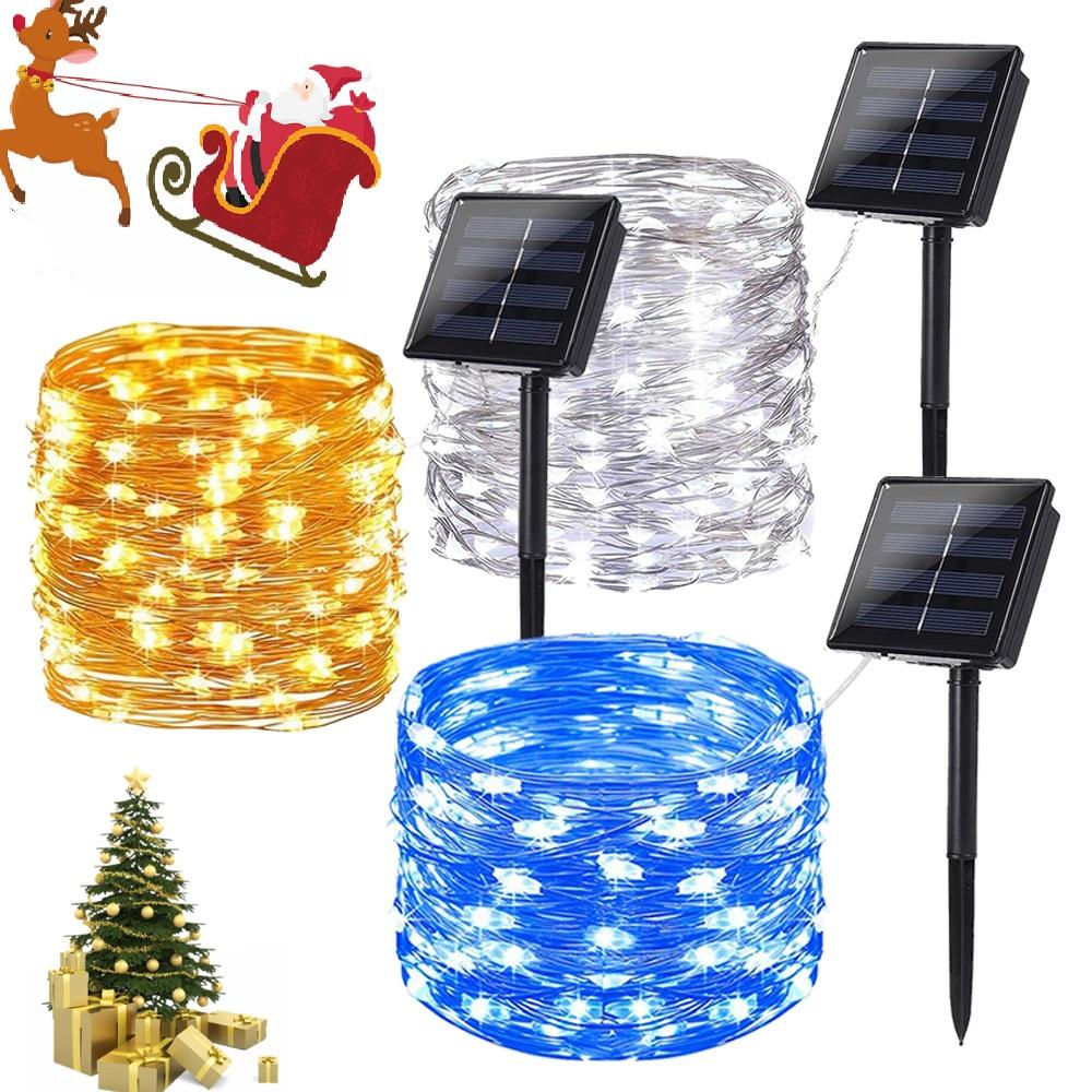 Solar Powered String Lights featuring flexible copper wire, waterproof design, and 200 LEDs, perfect for indoor and outdoor decoration.