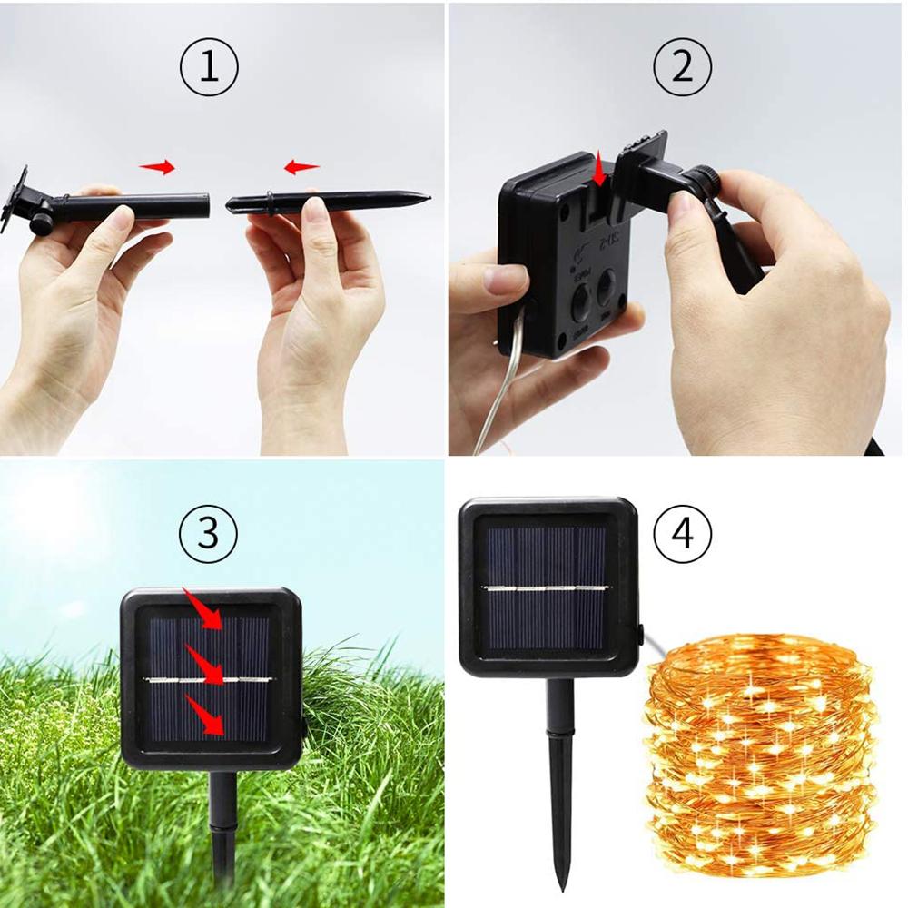 Solar Powered String Lights featuring flexible copper wire, waterproof design, and 200 LEDs, perfect for indoor and outdoor decoration.