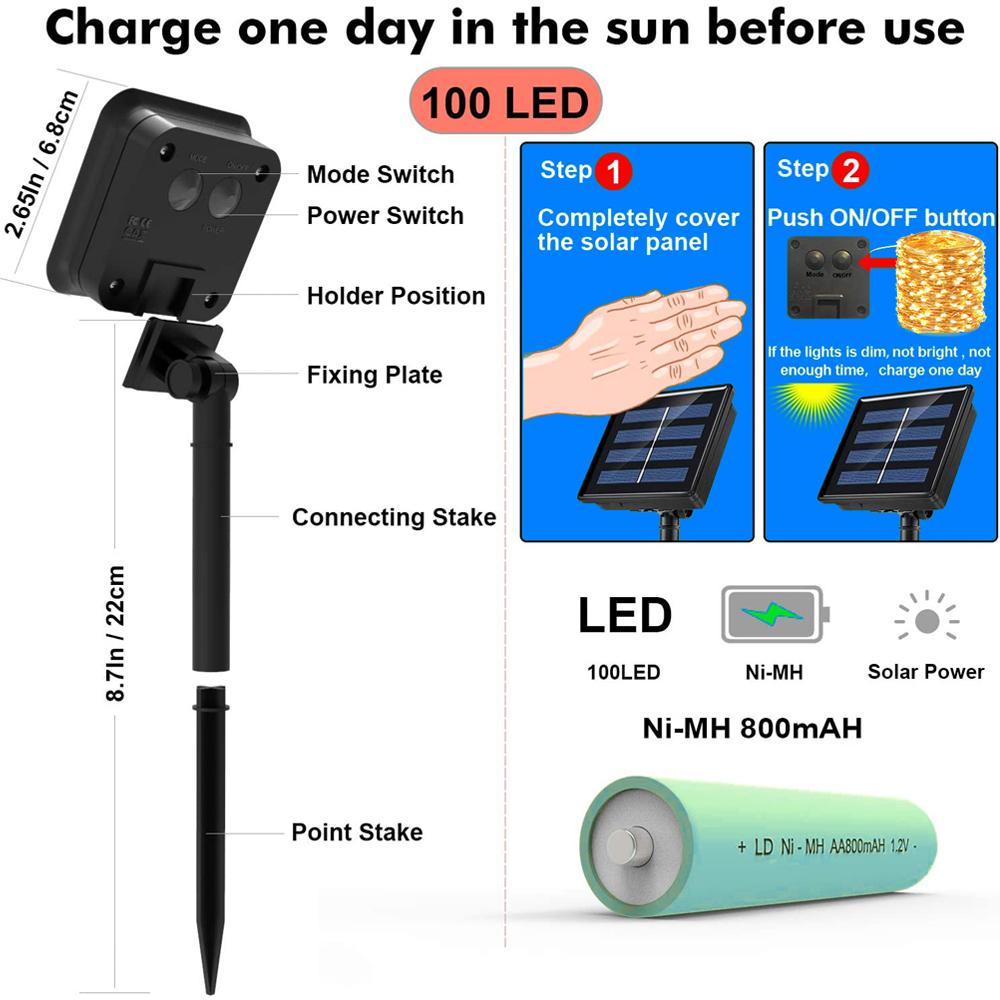 Solar Powered String Lights featuring flexible copper wire, waterproof design, and 200 LEDs, perfect for indoor and outdoor decoration.