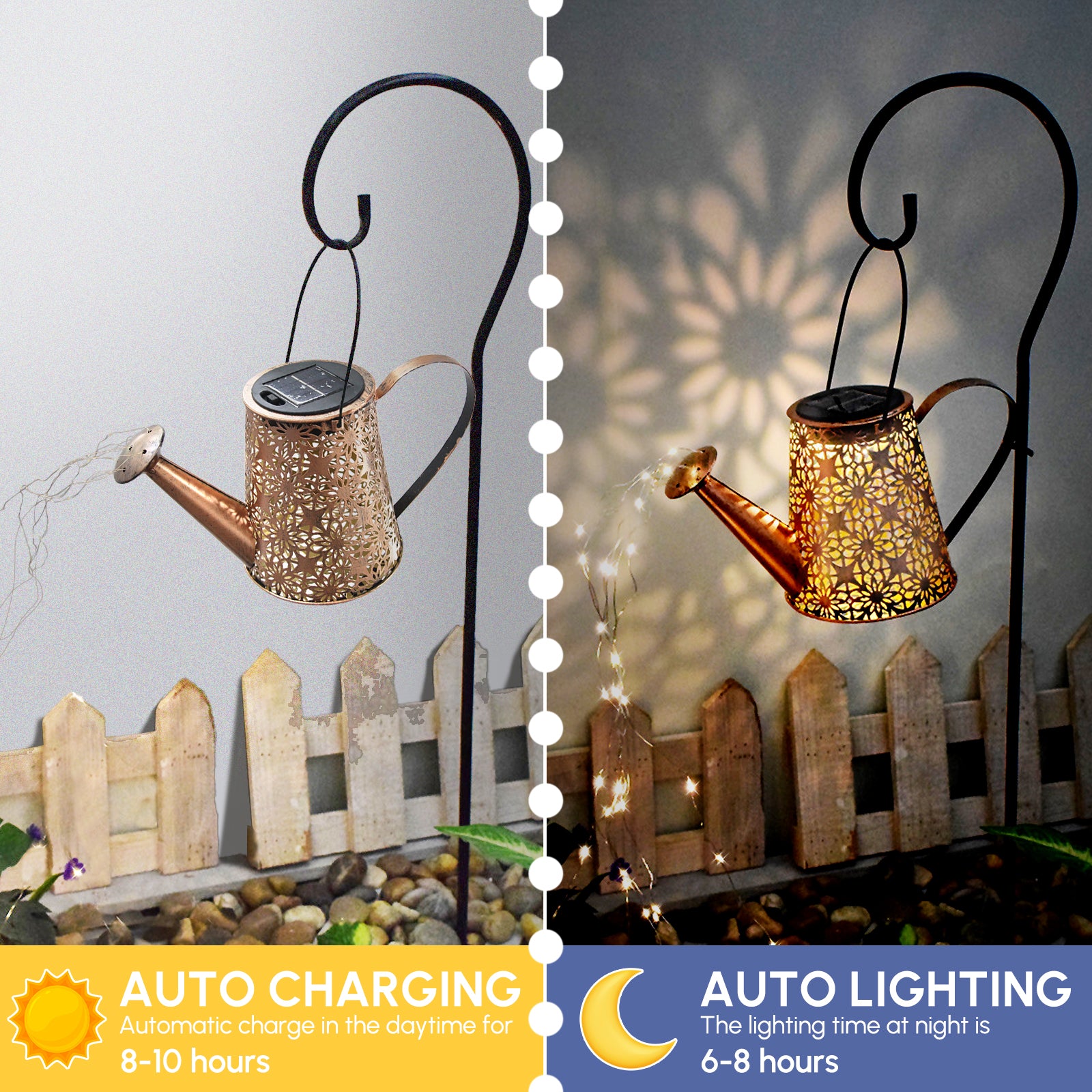 A decorative solar watering can light with LED string lights, hanging on a shepherd hook, illuminating a garden with beautiful patterns.