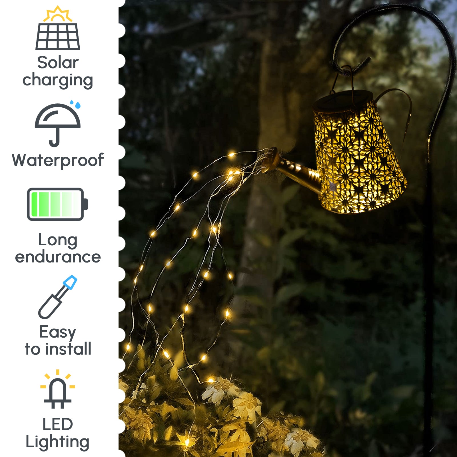 A decorative solar watering can light with LED string lights, hanging on a shepherd hook, illuminating a garden with beautiful patterns.