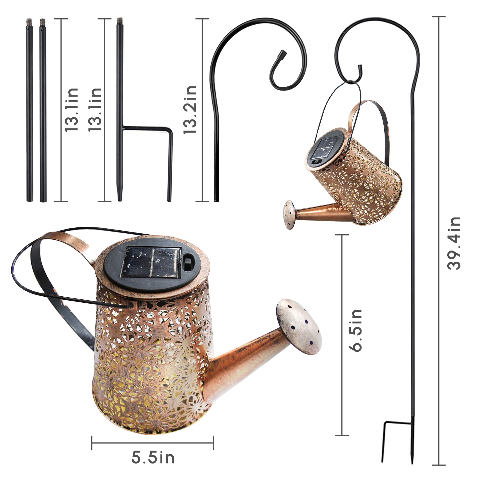 A decorative solar watering can light with LED string lights, hanging on a shepherd hook, illuminating a garden with beautiful patterns.