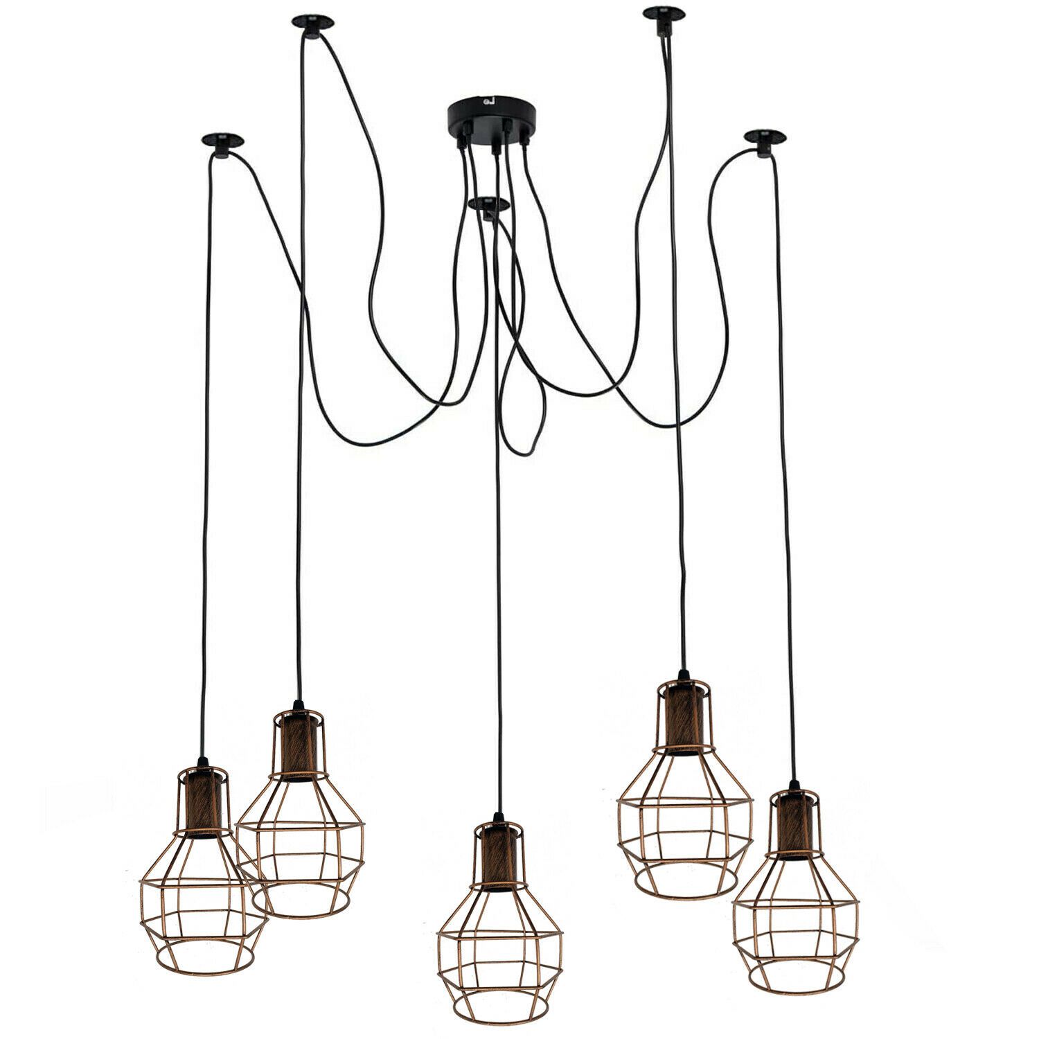 Chandelier pendant lights with adjustable design and brushed copper finish, featuring five light holders and decorative cages.