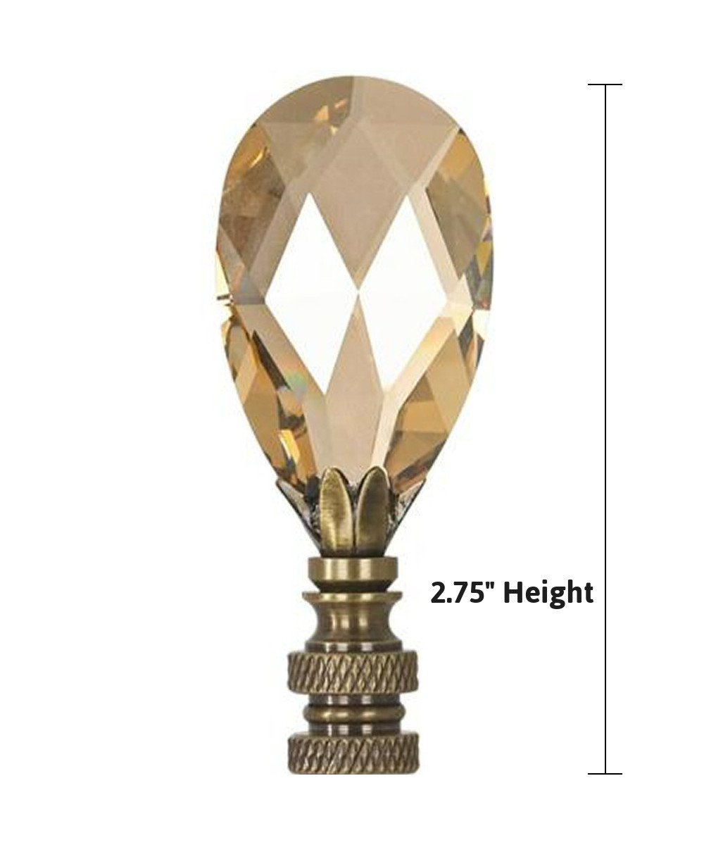Stephanov Large Champagne Crystal Teardrops Lamp Finial in Antique Brass, showcasing a teardrop shape with a dusty rose hue and a classic brass base.