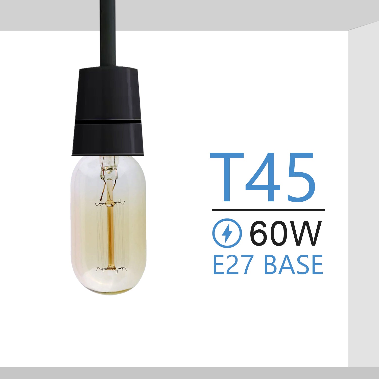 T45 E27 60W dimmable filament incandescent bulb with warm white light, showcasing vintage design and glass construction.