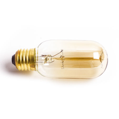 T45 E27 60W dimmable filament incandescent bulb with warm white light, showcasing vintage design and glass construction.