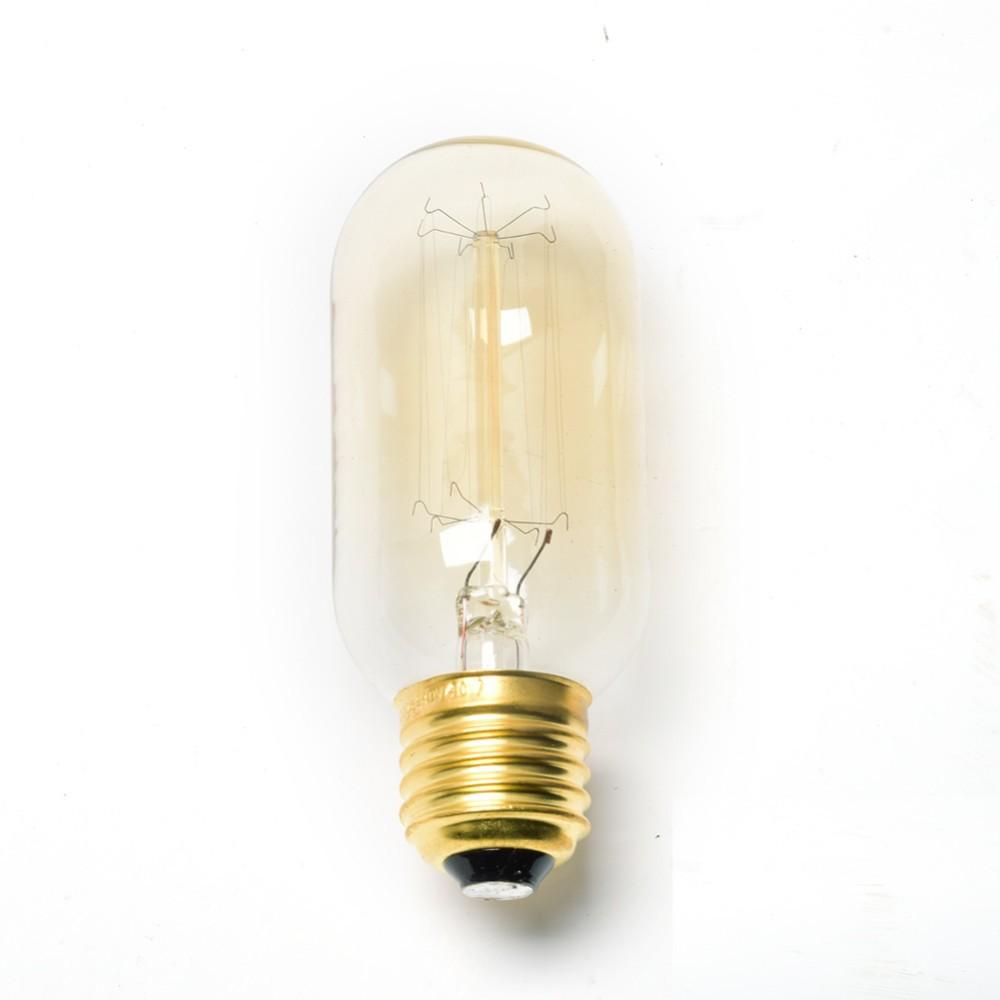 T45 E27 60W dimmable filament incandescent bulb with warm white light, showcasing vintage design and glass construction.