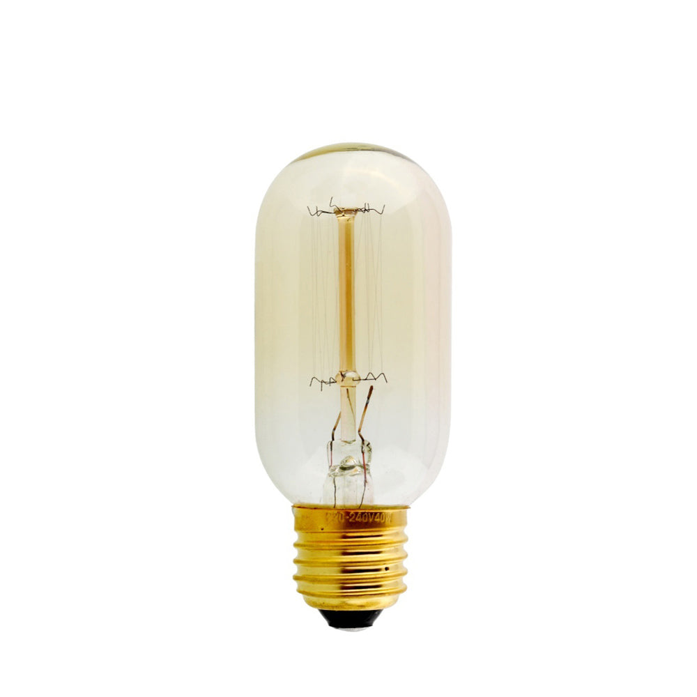 T45 E27 60W dimmable filament incandescent bulb with warm white light, showcasing vintage design and glass construction.