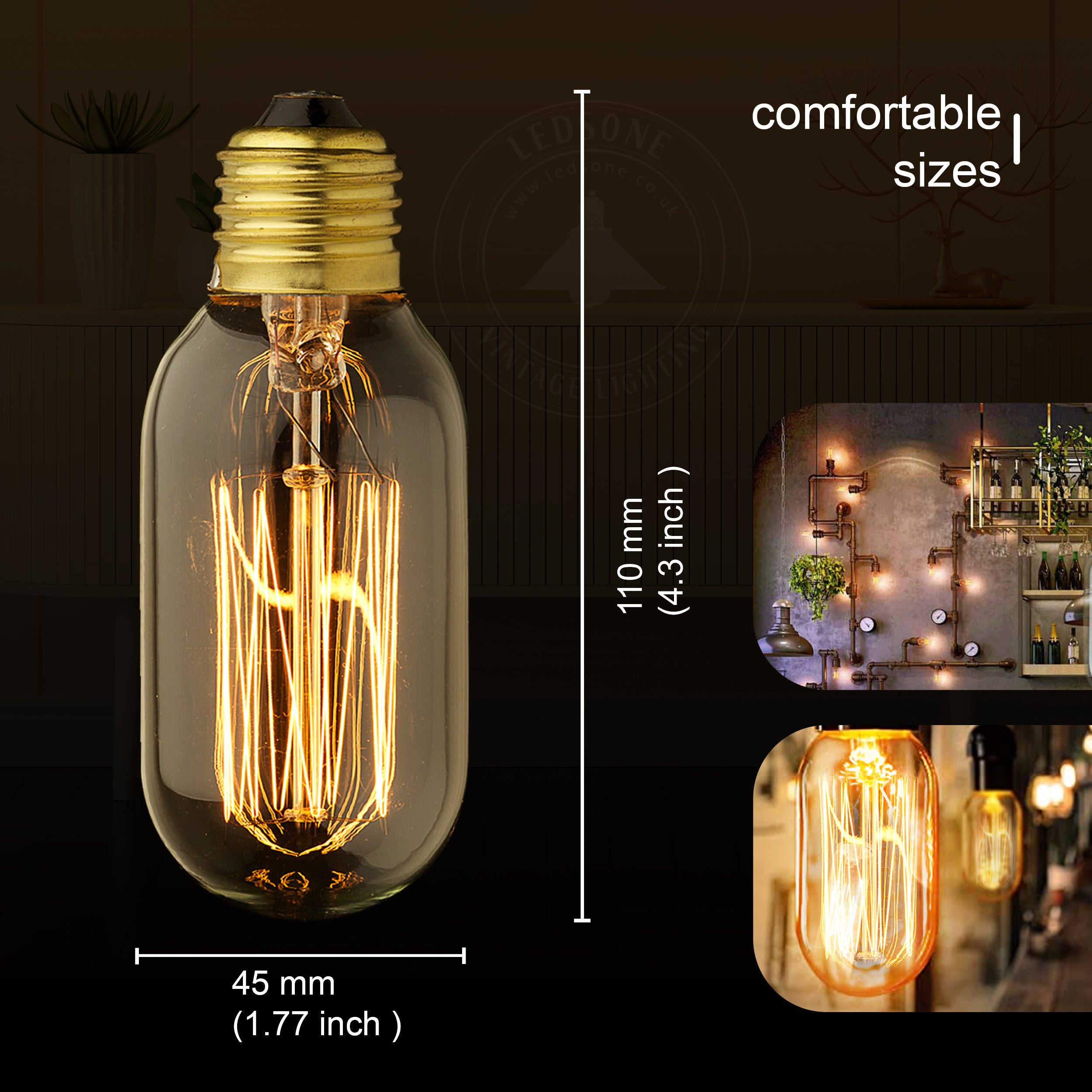 T45 E27 60W dimmable filament incandescent bulb with warm white light, showcasing vintage design and glass construction.