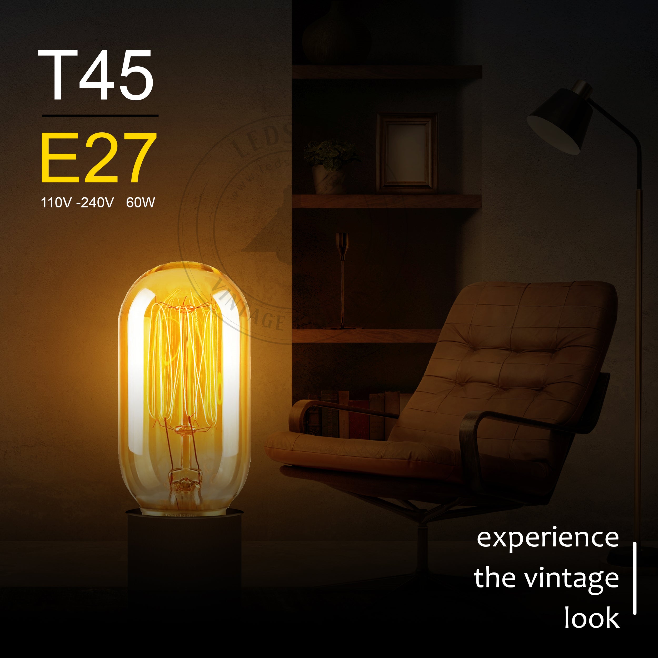 T45 E27 60W dimmable filament incandescent bulb with warm white light, showcasing vintage design and glass construction.