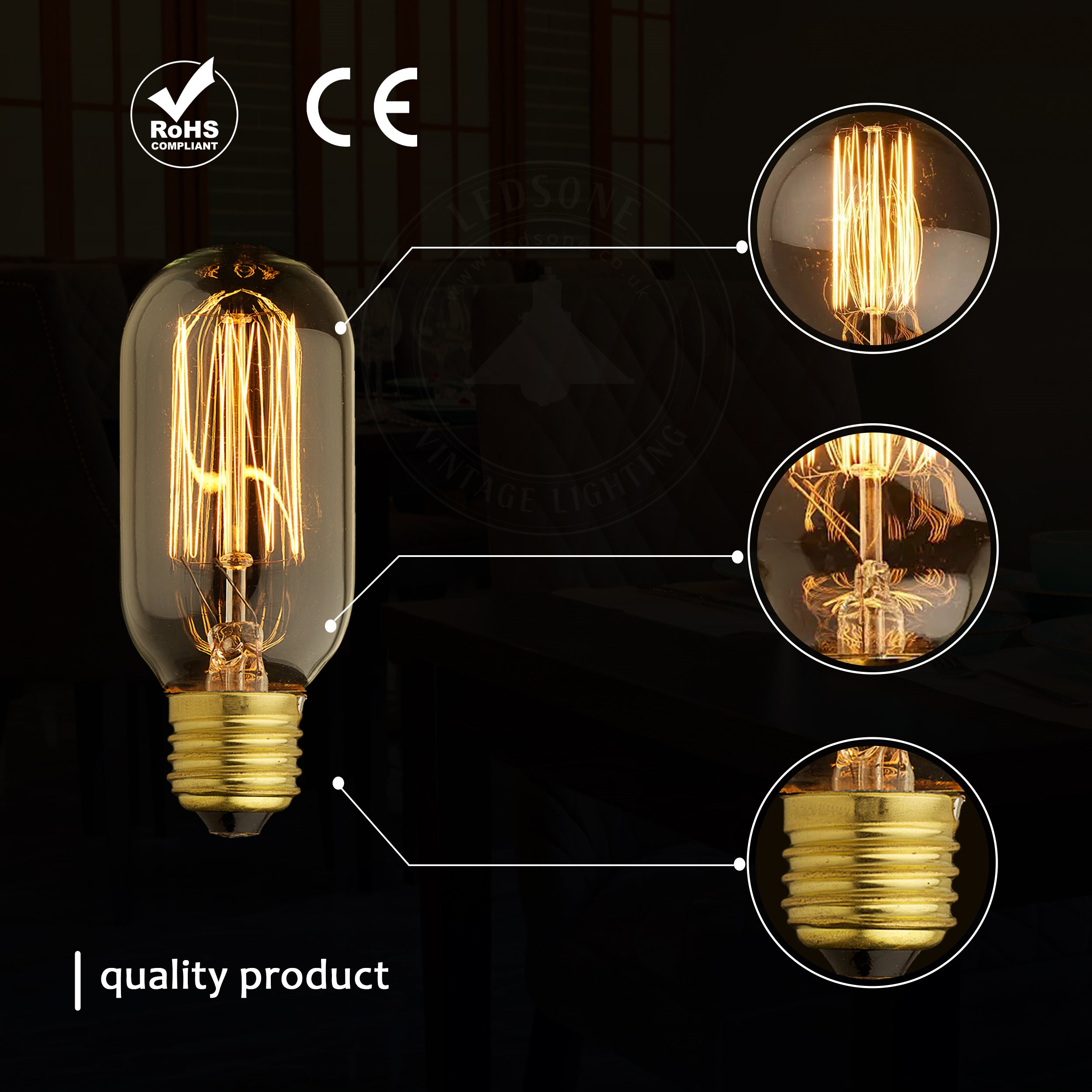 T45 E27 60W dimmable filament incandescent bulb with warm white light, showcasing vintage design and glass construction.