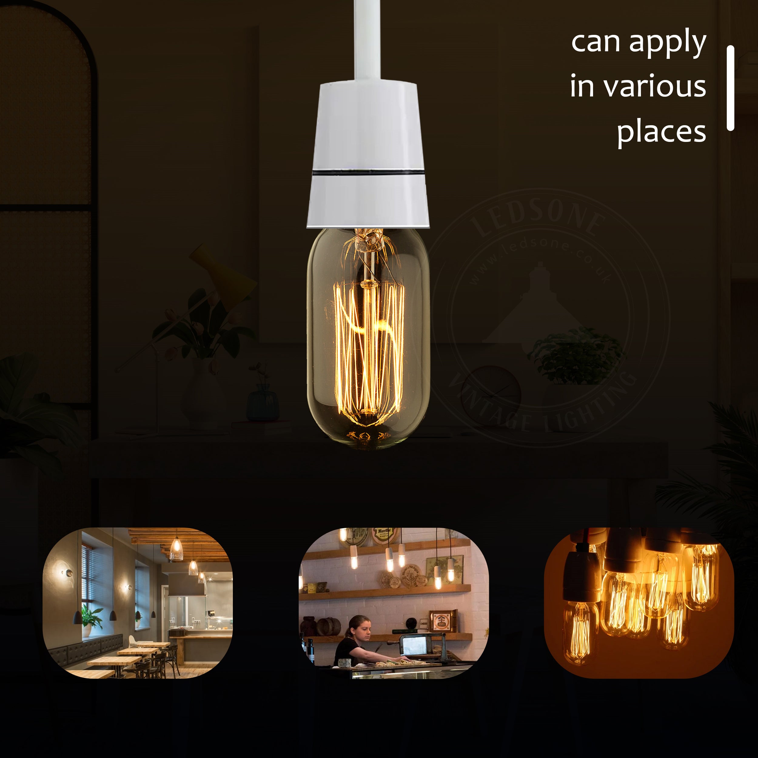 T45 E27 60W dimmable filament incandescent bulb with warm white light, showcasing vintage design and glass construction.