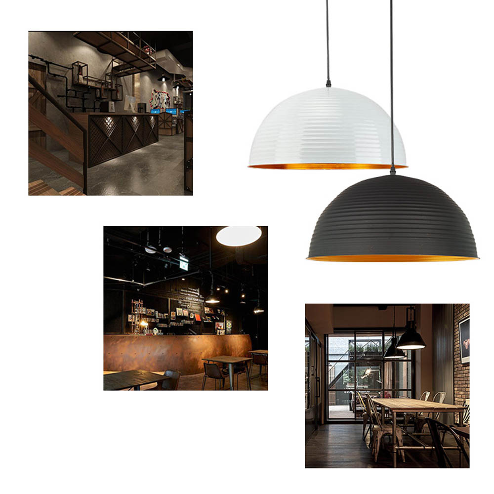 Vintage black metal lampshade pendant light with industrial design, perfect for restaurants and diners.