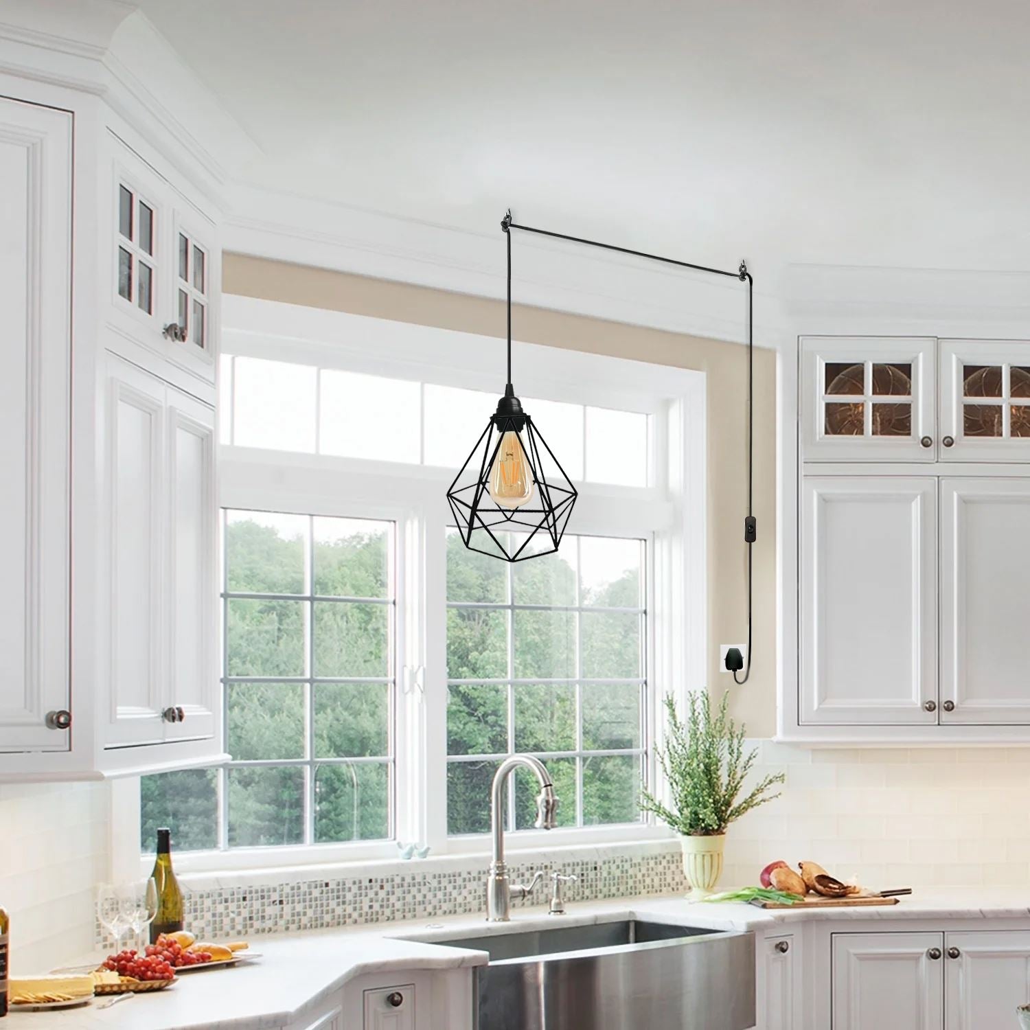 Vintage Dimond Cage Black Pendant light with a 4m plug-in cable and switch, showcasing its elegant design and black shade.