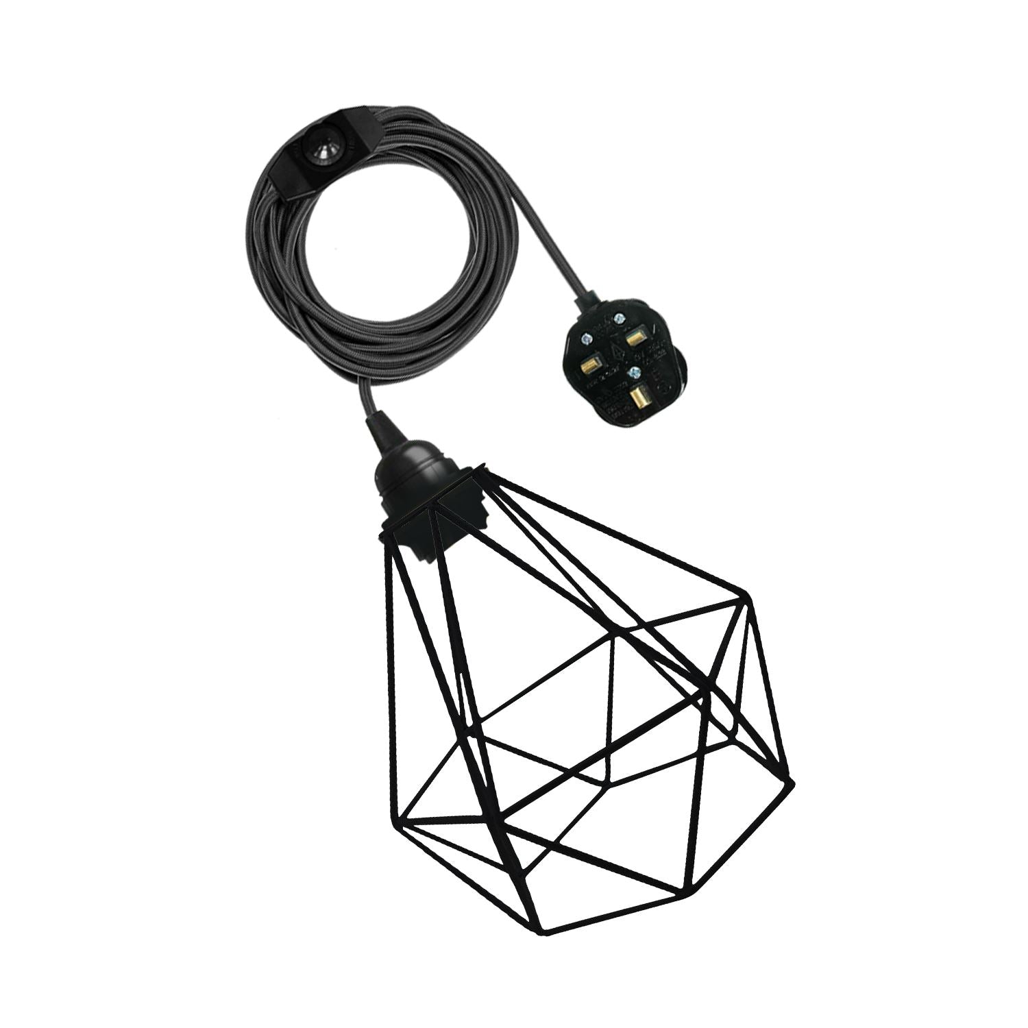 Vintage Dimond Cage Black Pendant light with a 4m plug-in cable and switch, showcasing its elegant design and black shade.