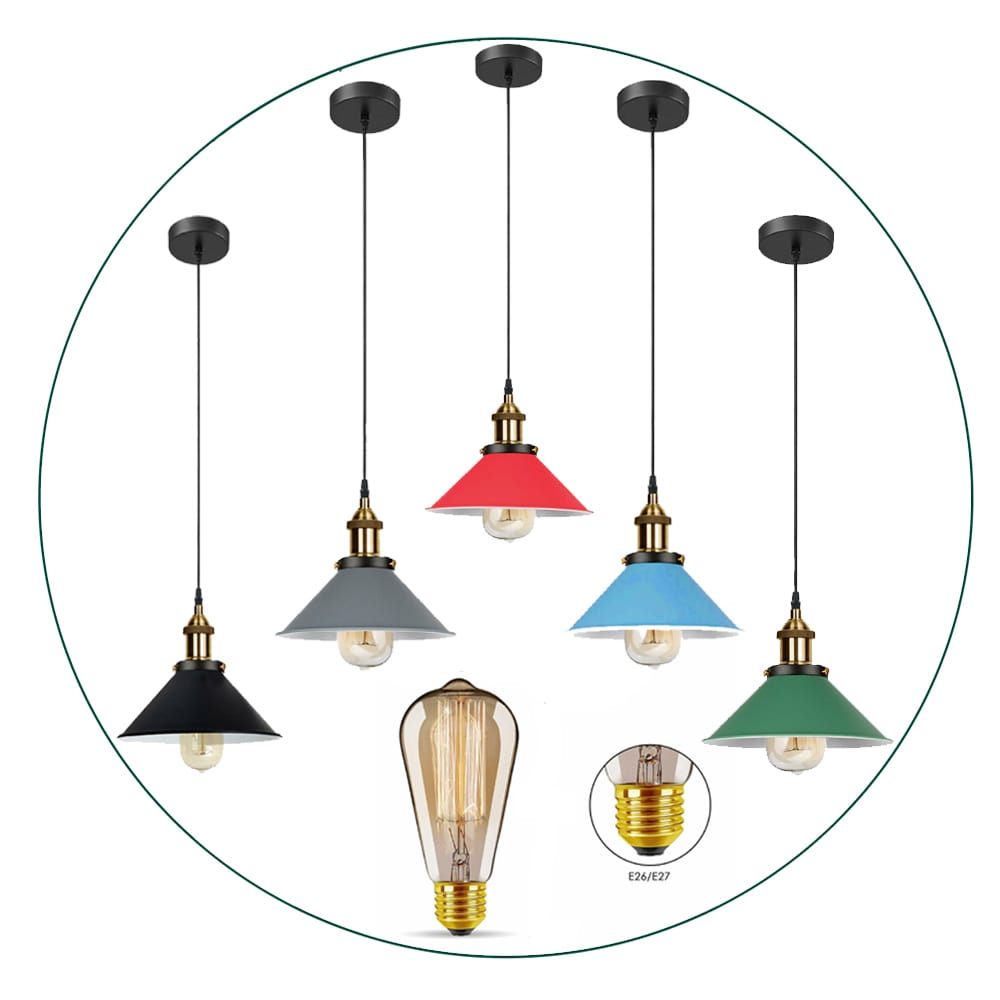 Vintage E27 Ceiling Pendant Light in various colors, showcasing its industrial design and stylish lampshade.