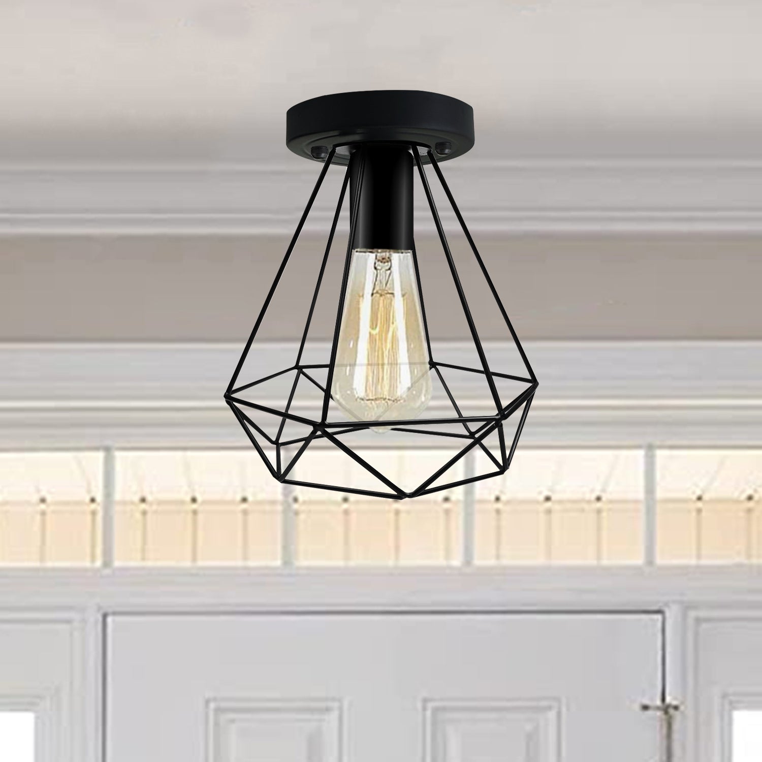 Vintage Industrial Black Metal Indoor Flush Mount Ceiling Light showcasing its elegant design and sturdy metal construction.