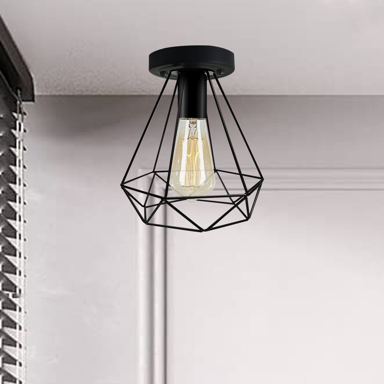 Vintage Industrial Black Metal Indoor Flush Mount Ceiling Light showcasing its elegant design and sturdy metal construction.