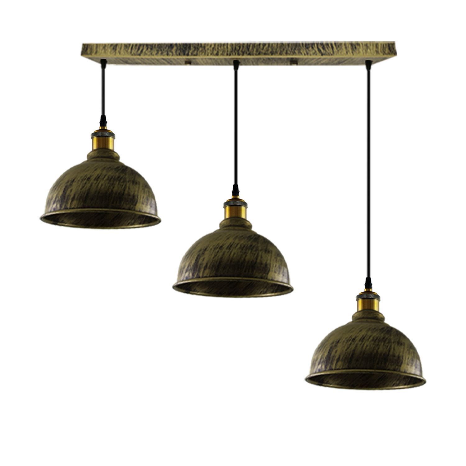Vintage Industrial Brushed Copper Indoor Hanging Adjustable Pendant with three light shades and adjustable cables, showcasing its rustic charm.