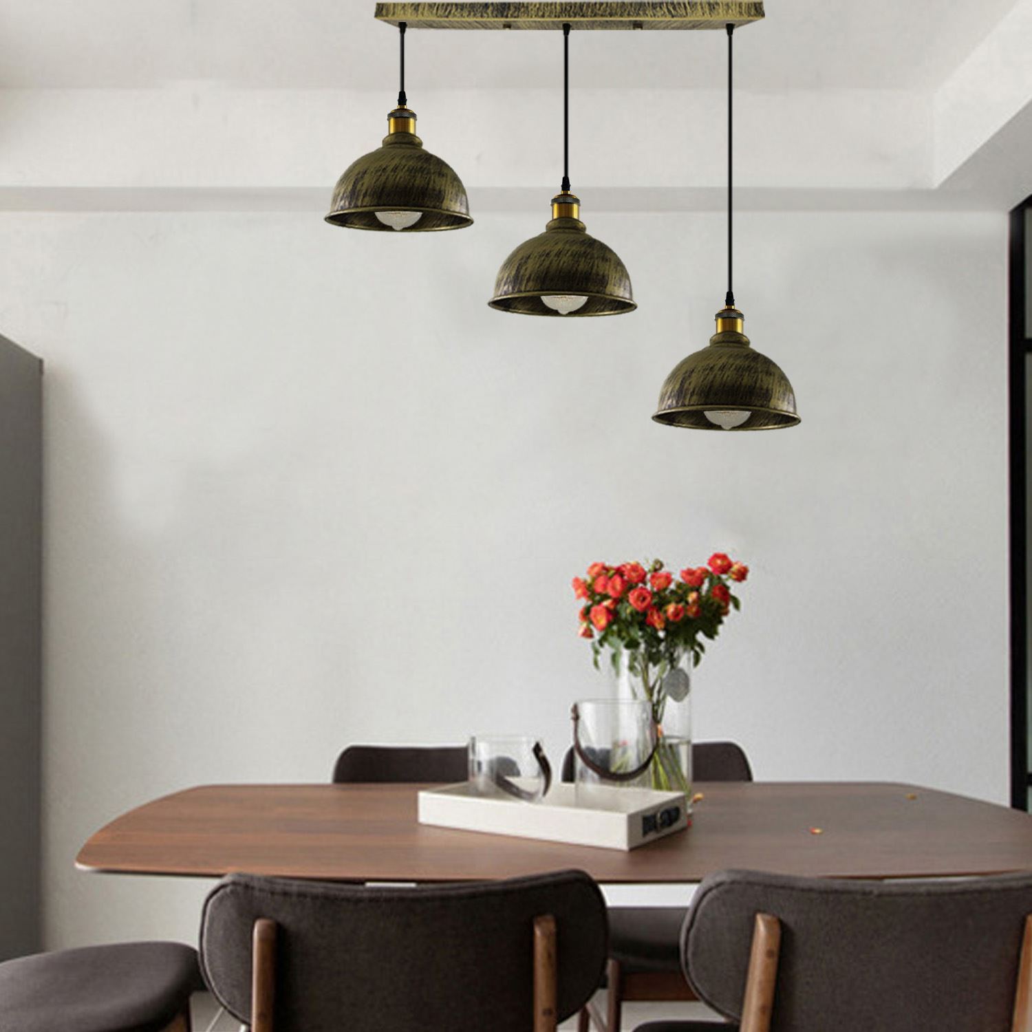 Vintage Industrial Brushed Copper Indoor Hanging Adjustable Pendant with three light shades and adjustable cables, showcasing its rustic charm.