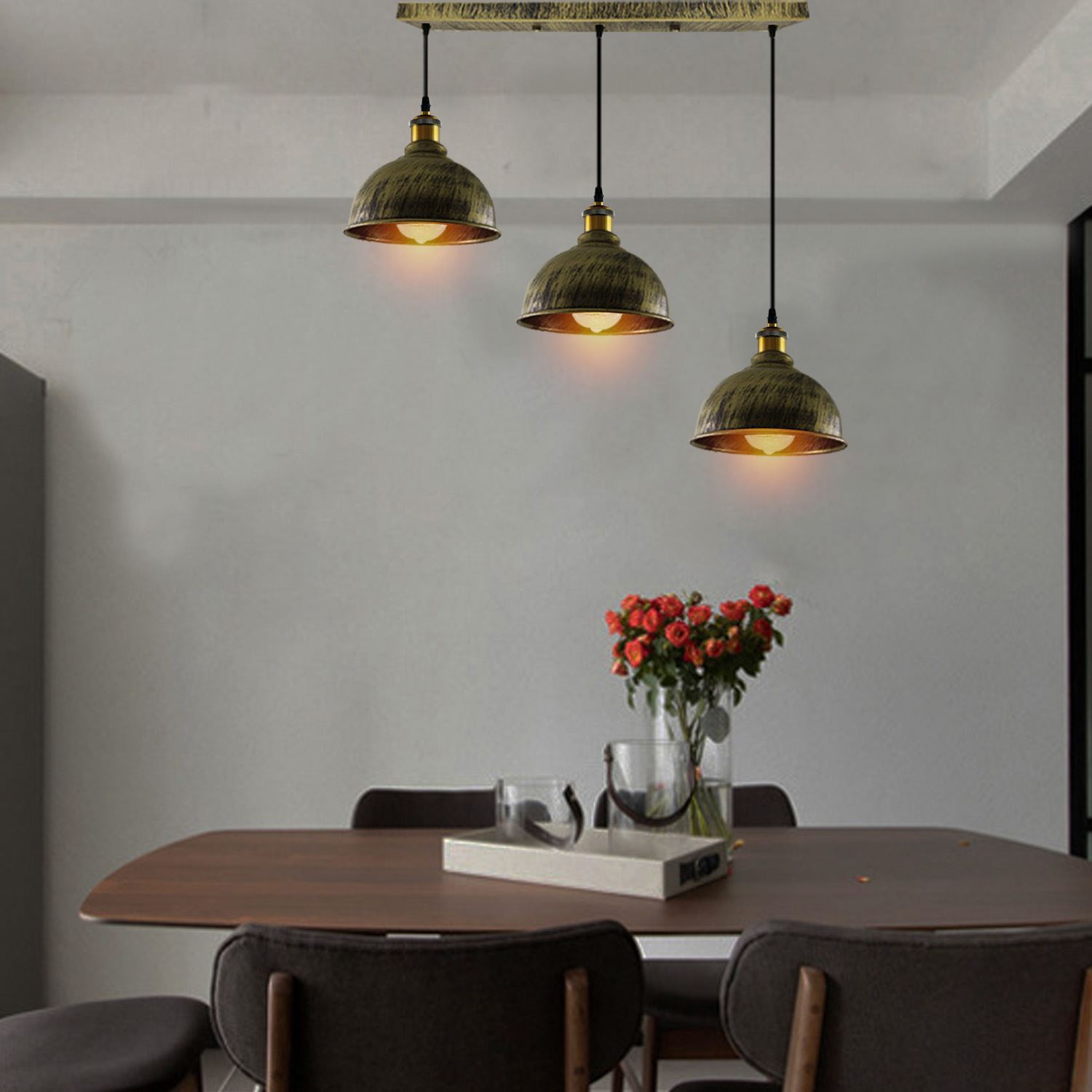 Vintage Industrial Brushed Copper Indoor Hanging Adjustable Pendant with three light shades and adjustable cables, showcasing its rustic charm.