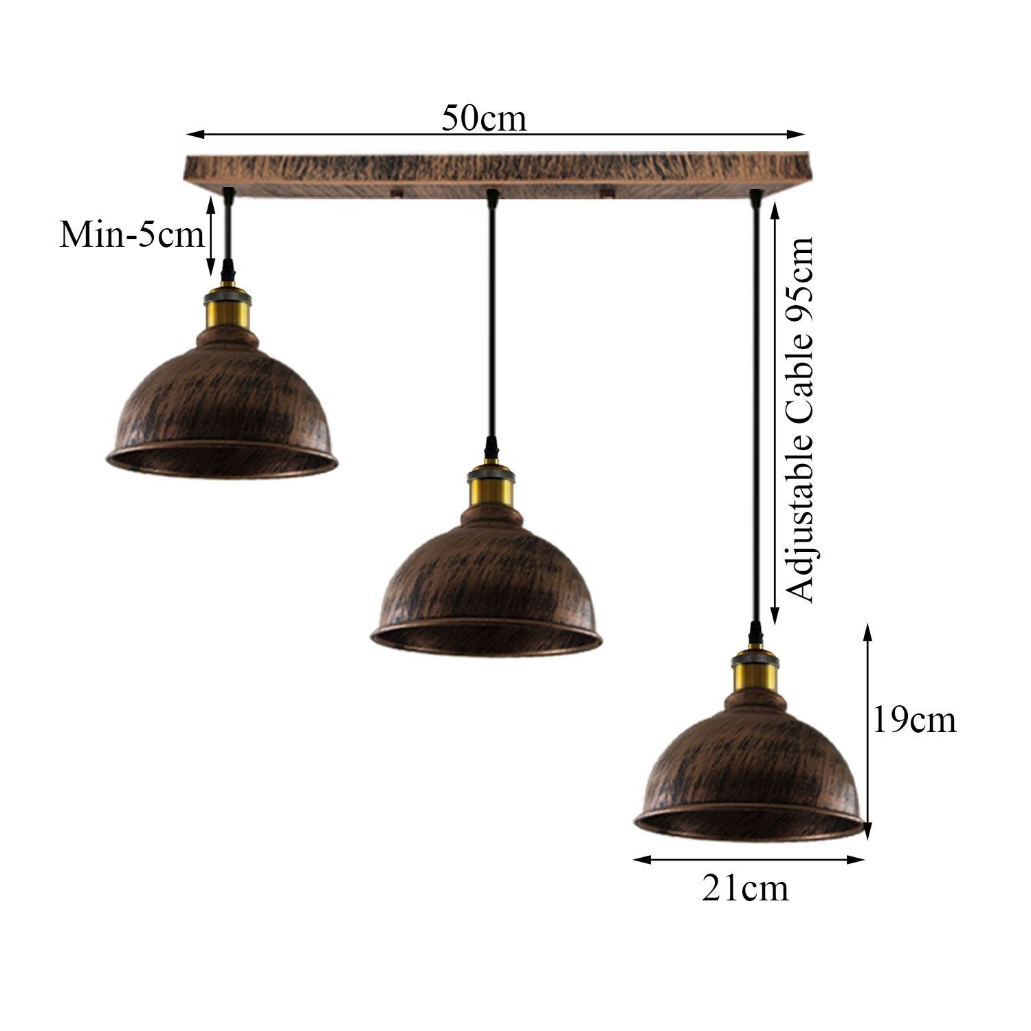 Vintage Industrial Brushed Copper Indoor Hanging Adjustable Pendant with three light shades and adjustable cables, showcasing its elegant design.