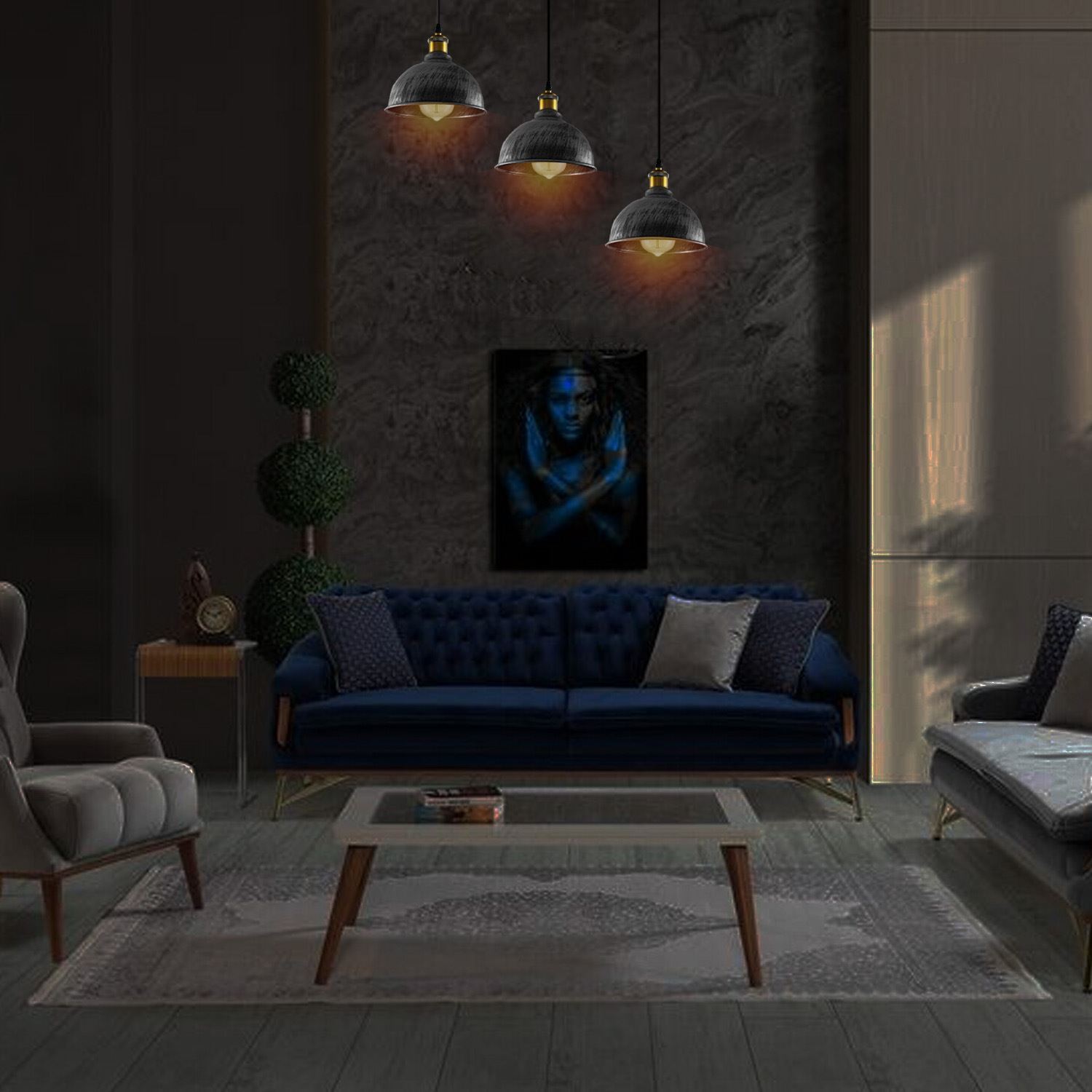 Vintage Industrial Brushed Copper Indoor Hanging Adjustable Pendant with three light shades and adjustable cables, showcasing its elegant design.