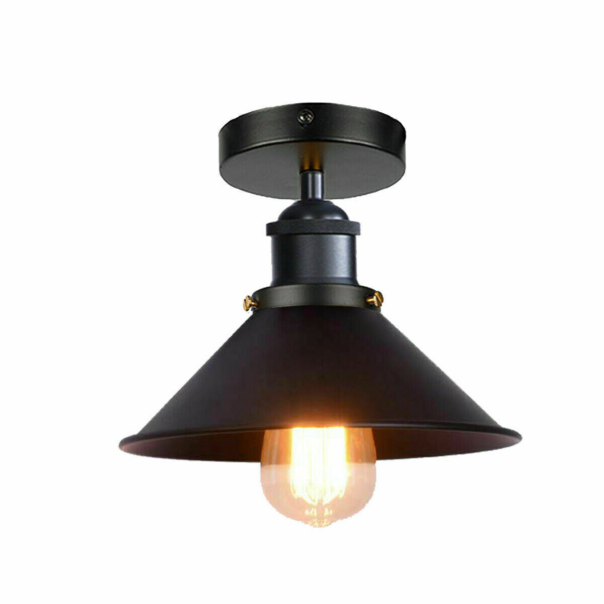 Vintage Industrial Ceiling Light with Retro Black Shade, showcasing its elegant design and metal construction.
