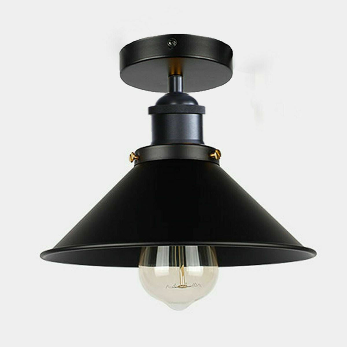 Vintage Industrial Ceiling Light with Retro Black Shade, showcasing its elegant design and metal construction.